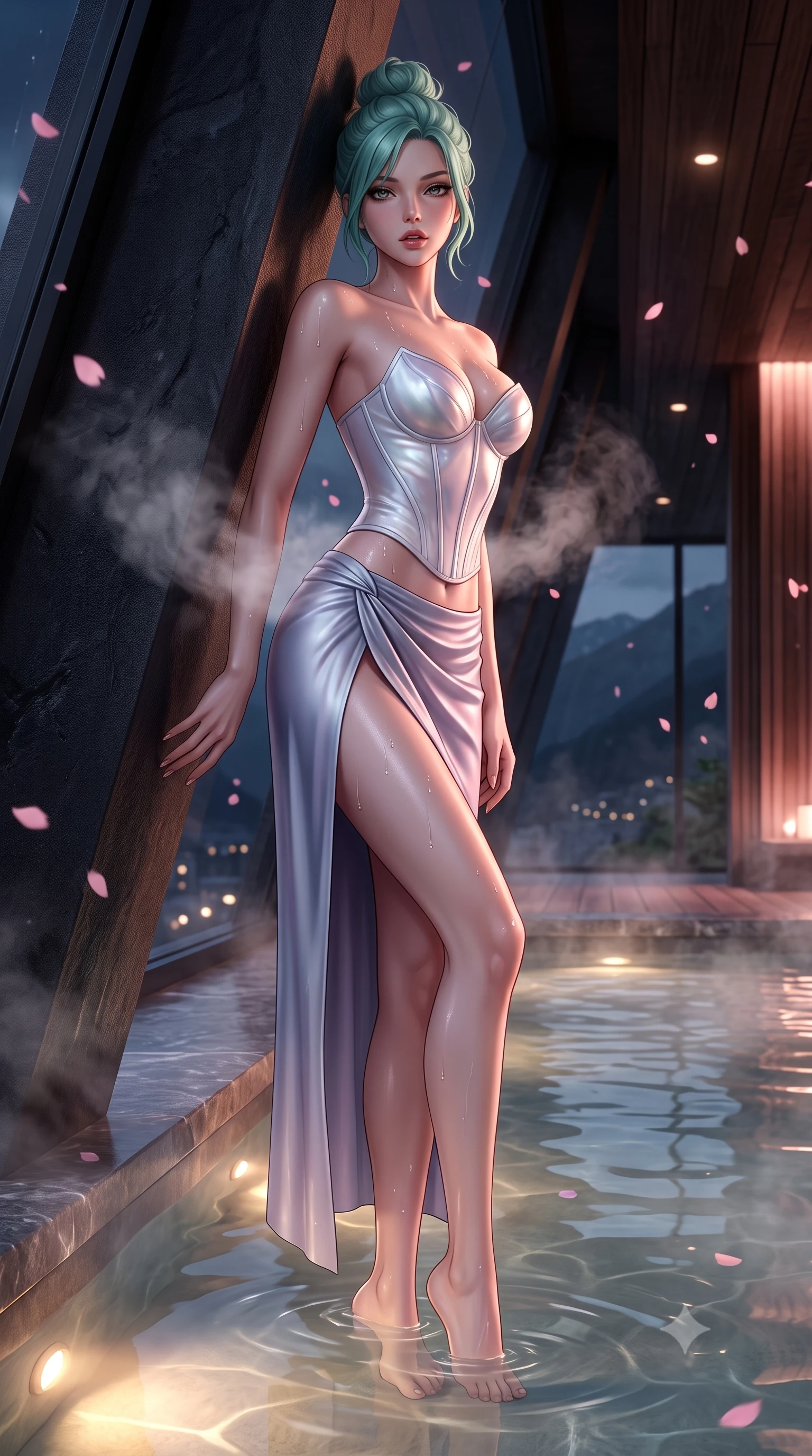 score_9, masterpiece, best quality, ultra-detailed, high-budget anime keyframe, semi-realistic 3D game render, editorial fashion photography, tasteful artistic composition, Japanese woman. low angle full-body shot from head to toe showing her feet, filling the entire 9:16 vertical frame with her statuesque presence, stretching her vertical silhouette. leaning deep against the structural architecture with hips cocked in an unapologetically bold, seductive high-fashion stance while wading through the thermal mineral pool beneath falling pink sakura petals, arching her spine in pure pleasure as steam curls around her waist. The surrounding environment is rendered in vivid detail and crisp panoramic clarity. atmospheric nocturnal thermal chiaroscuro and private mountain-view skylounge luxury in precision. She has an absolutely perfect, statuesque 8.5-heads proportion, an exceptionally tall and slender model-like female figure with impossibly long slender legs, a toned flat midriff, an ultra-slim waist, and beautifully sculpted feminine hips. sharp v-shaped jawline, high-bridge nose, intricate jewel-like eyes with depth, thick eyelashes, glossy parted lips with a natural sheen, intensely captivating and seductive bedroom-eyes expression, flawlessly proportioned anatomical accuracy, strict slender model proportions, natural body alignment, perfectly sculpted long slender limbs, ultra-slim waistline, clean dynamic posture without body distortion. wearing a sculpted mother-of-pearl corset top paired with a draped high-slit silk sarong skirt in moonlit silver and lavender mist, made of flexible second-skin stretch neoprene with specular sheen, accented with water droplets glistening on her bare collarbones and hips, the form-contouring material adhering flawlessly to her sculpted flat midriff and slender torso, emphasizing her long leg lines and perfectly proportioned willowy build. bathed in soft pink cherry blossom ambient glow and warm underwater mineral pool lights. highly saturated vibrant anime colors, detailed shading with soft gradients, rich glossy textures, high-contrast stereoscopic depth, volumetric dynamic lighting, master piece, 9:16 ratio