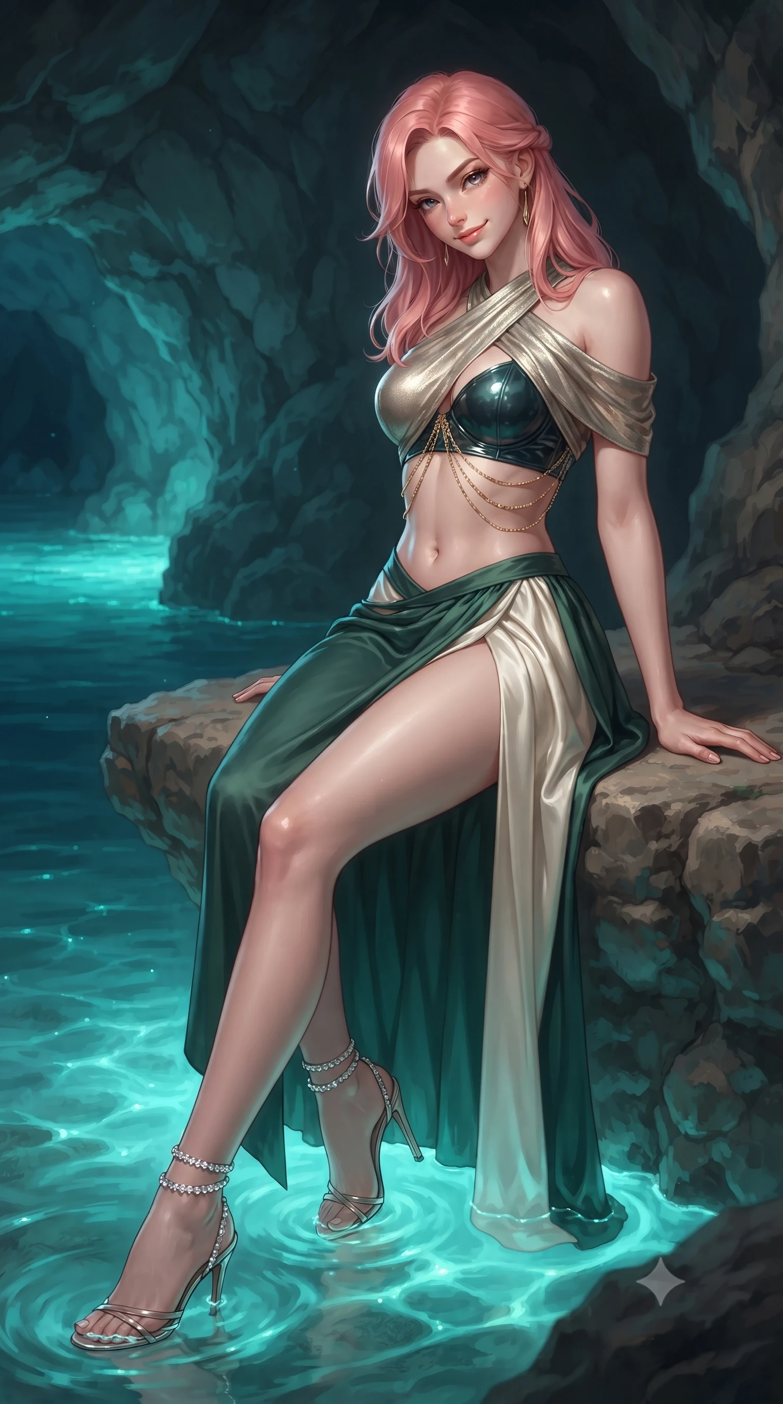 score_9, masterpiece, best quality, ultra-detailed, high-budget anime keyframe, editorial fashion photography, tasteful artistic composition, Japanese woman. close-up cowboy shot from the waist and thighs up, the character dominates the composition, filling the frame with her large presence. tilting her head with a teasing half-smile, running one hand slowly down the side of her hip in a flirtatious S-curve as ambient light caresses her silhouette while sitting gracefully on the natural stone shelf propped on one hand, her long slender legs trailing in the illuminated turquoise tide. The surrounding environment is rendered in vivid detail and crisp panoramic clarity: detailed wet-look vinyl bustier cling, gold chain draping, and geological rock relief in high resolution. She has an exceptionally elegant, slender, and willowy female figure with an ultra-slim waist, flat toned midriff, narrow ribcage, and sculpted feminine hips creating an alluring, slim hourglass silhouette without bulk. sharp v-shaped jawline, high-bridge nose, intricate jewel-like sparkling eyes with depth, thick eyelashes, glossy parted lips with a natural peach sheen, bright cheerful beaming smile with an enchanting and coquettish sensual glint, exuding both youthful cute charm and seductive allure, flawlessly proportioned anatomical accuracy, strict slender model proportions, natural body alignment, perfectly sculpted long slender limbs, ultra-slim waistline, clean dynamic posture without body distortion. wearing a modern Arabian-inspired metallic lame wrap top with bare midriff and a high-slit chiffon harem pant skirt in Lake Como cypress green and crisp ivory pearl, crafted from fluid liquid silk satin that clings smoothly to her narrow waist and rounded hips with a dewy sheen, complemented by strappy stiletto sandals with crystal ankle wraps accentuating her slender calves, the glove-like clinging cut tightly following the natural contour of her hips and long slender legs with youthful 8.5-heads elegance. bathed in ethereal bioluminescent cyan-teal glow radiating from the sea water mixed with cool silver moonlight. ultra-reflective glossy finish, specular highlights, rich textural contrasts, high-contrast stereoscopic depth, volumetric dynamic lighting, 2k, ultra detail, master piece, 9:16 ratio