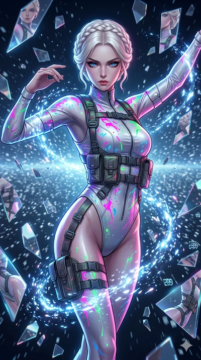 score_9, masterpiece, best quality, ultra-detailed, Set A: High-budget Anime Keyframe, Korean woman. Upper body close-up from the thighs up, character filling the screen for maximum presence. Dancing through a dimension of floating mirrors, while a d