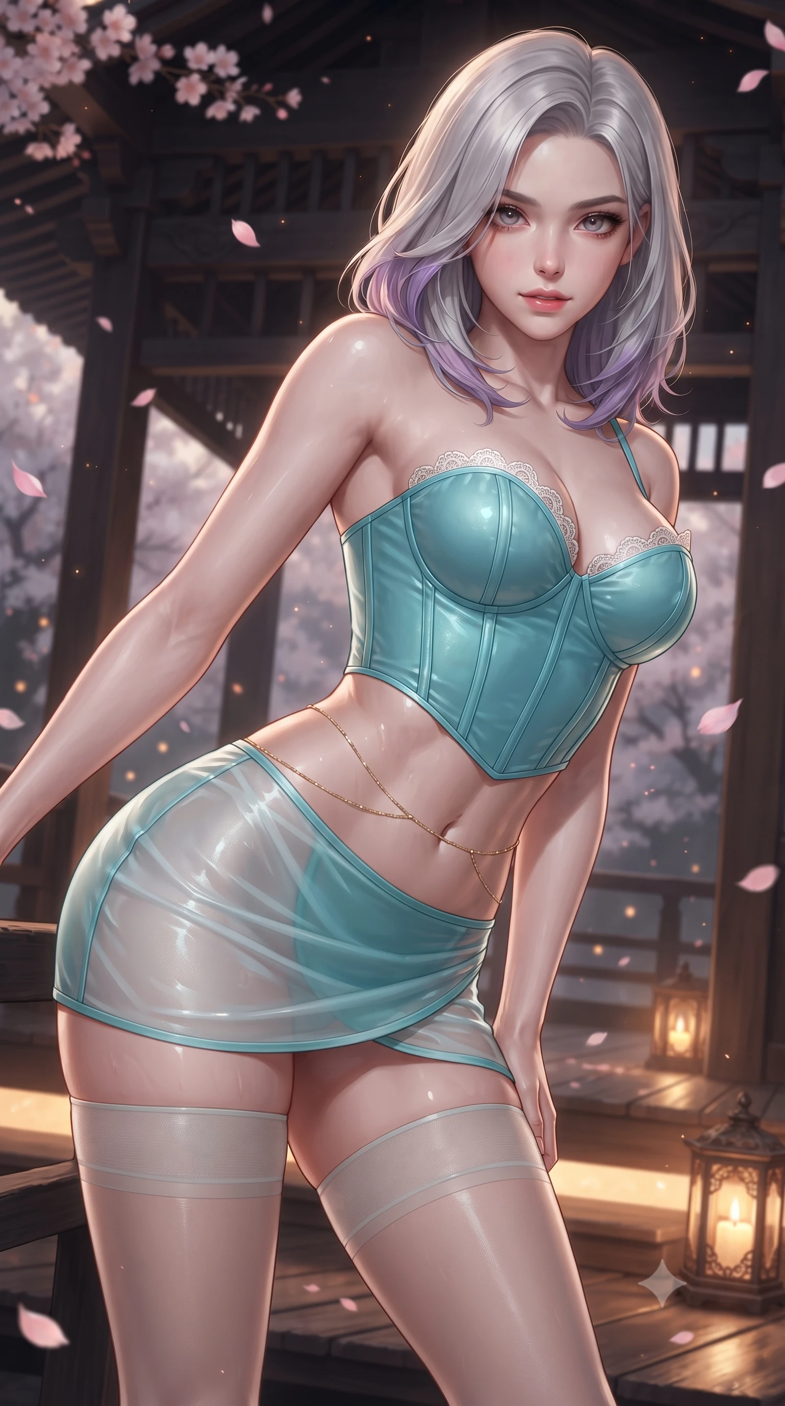 score_9, masterpiece, best quality, ultra-detailed, high-budget anime keyframe, editorial fashion photography, tasteful artistic composition, Caucasian woman. close-up cowboy shot from the waist and thighs up, the character dominates the composition, filling the frame with her large presence. leaning forward while arching her lower back to accentuate her curvy hips, looking into the camera with an intoxicating smoldering gaze and bedroom-eyes while twisting her slender torso in an alluring S-curve, floating flower blossoms and warm lantern glows highlighting her flat midriff and curvy hips. The surrounding environment is rendered in vivid detail and crisp panoramic clarity: detailed sheer wet-look chiffon wrap cling, gold belly chain shine, and open-air ironwood architecture in high resolution. She has an exceptionally elegant, slender, and willowy female figure with an ultra-slim waist, flat toned midriff, narrow ribcage, and sculpted feminine hips creating an alluring, slim hourglass silhouette without bulk. sharp v-shaped jawline, high-bridge nose, sparkling eyes with hypnotic seductive depth, thick curled eyelashes, glossy parted lips with a natural dewy peach sheen, alluring bedroom-eyes with an enchanting coquettish smile, exuding magnetic siren charisma and sophisticated glamour, flawlessly proportioned anatomical accuracy, strict slender model proportions, natural body alignment, perfectly sculpted long slender limbs, ultra-slim waistline, clean dynamic posture without body distortion. wearing a structured boned leatherette corset bodice paired with an ultra-short micro-wrap mini skirt and sheer thigh-high stockings in Capri turquoise and pure pearl white, woven from buttery-soft stretch lambskin leather adhering to her body like a second skin, finished with scalloped eyelash lace trim framing her sweetheart neckline with intimate elegance, the form-contouring silhouette accentuating her sculpted flat midriff, narrow delicate ribcage, and gracefully curvy hips with intoxicating allure. bathed in soft 2400K concealed warm LED cove lighting glowing beneath the ironwood platform mixed with candle lanterns. ultra-reflective glossy finish, specular highlights, rich textural contrasts, high-contrast stereoscopic depth, volumetric dynamic lighting, 2k, ultra detail, master piece, 9:16 ratio
