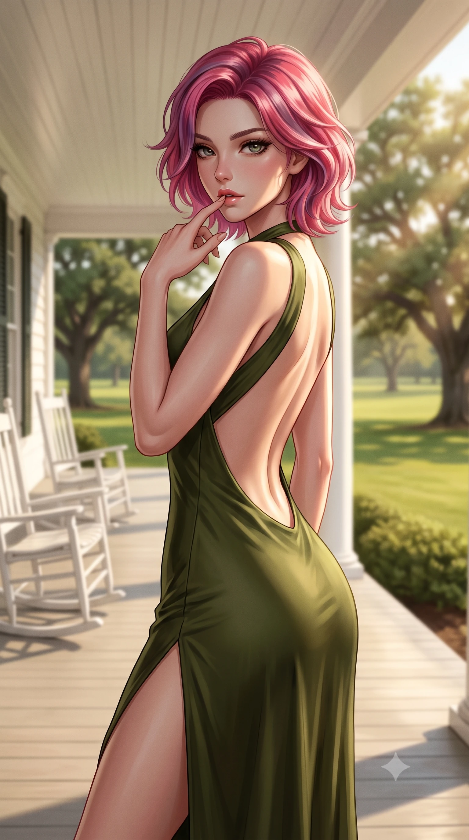 score_9, masterpiece, best quality, ultra-detailed, high-budget anime keyframe, editorial fashion photography, tasteful artistic composition, Caucasian woman woman. close-up cowboy shot from the waist and thighs up, the character dominates the composition, filling the frame with her large presence, background elements kept in soft focus. pressing one finger to her bottom lip in a thoughtful, seductive gesture under the warm sun the background shows a soft-focus a wide white veranda with rocking chairs, overlooking a large green lawn with oak trees. She has an exceptionally elegant, slender, and willowy female figure with an ultra-slim waist, a gracefully sculpted slender torso, and a refined silhouette. sharp v-shaped jawline, high-bridge nose, intricate jewel-like eyes with depth, thick eyelashes, glossy lips with a natural sheen. wearing a form-contouring dramatic open-back maxi dress in olive green, featuring a high thigh slit. soft late afternoon sunbeams casting a nostalgic, peaceful glow. 2k, ultra detail, master piece, 9:16 ratio