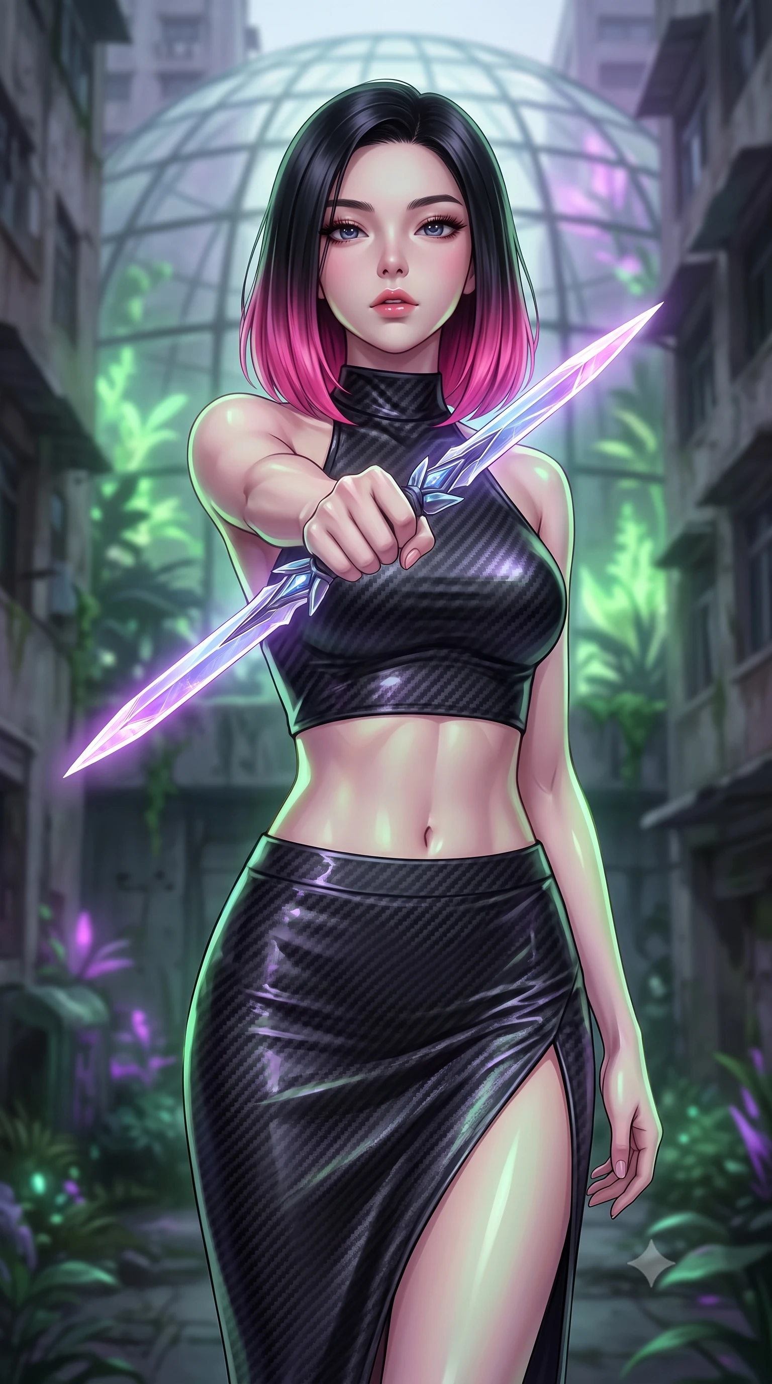 score_9, masterpiece, best quality, ultra-detailed, high-budget anime keyframe, editorial fashion photography, tasteful artistic composition, Korean woman. close-up cowboy shot from the waist and thighs up, the character dominates the composition, filling the frame with her large presence, background elements kept in soft focus. pointing a crystal-edged laser dagger forward in a defensive stance, tilting her chin up slightly with lips parted in a composed pose, the background shows a soft-focus a cybernetic greenhouse dome hidden between concrete tenements. She has an exceptionally elegant, slender, and willowy female figure with an ultra-slim waist, a gracefully sculpted slender torso, and a refined silhouette. sharp v-shaped jawline, high-bridge nose, intricate jewel-like eyes with depth, thick eyelashes, glossy lips with a natural sheen. wearing a slim-fit carbon-fiber halter-neck crop top paired with a matching high-slit midi skirt, revealing her slim waist. soft green and purple bioluminescent plant glow casting an organic, eerie wash. highly saturated vibrant anime colors, detailed shading with soft gradients, rich glossy textures, high-contrast stereoscopic depth, volumetric dynamic lighting, master piece, 9:16 ratio