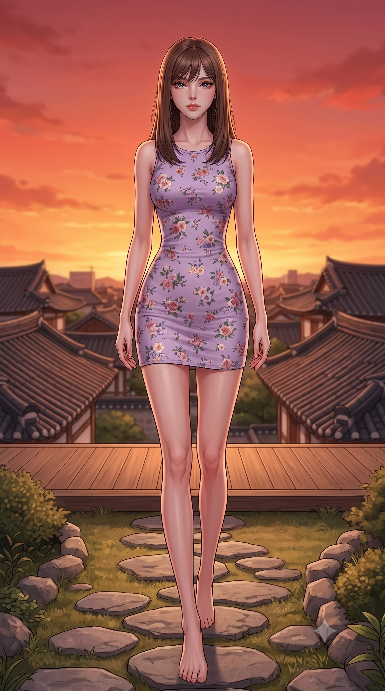 score_9, masterpiece, best quality, ultra-detailed, high-budget anime keyframe, editorial fashion photography, tasteful artistic composition, Korean woman woman. low angle full-body shot from head to toe showing her feet, filling the entire 9:16 vertical frame with her statuesque presence, stretching her vertical silhouette. stepping gracefully across a stone path in the garden the background shows a soft-focus a simple rooftop platform with a wooden floor, looking over the tiled roofs of the town. She has an absolutely perfect, statuesque 8.5-heads proportion, an exceptionally tall and slender model-like female figure with impossibly long slender legs and an ultra-slim waist. sharp v-shaped jawline, high-bridge nose, intricate jewel-like eyes with depth, thick eyelashes, glossy lips with a natural sheen. wearing a body-hugging floral print summer dress in lavender cotton with a simple round neck. the orange and red glow of a beautiful sunset sky. 2k, ultra detail, master piece, 9:16 ratio