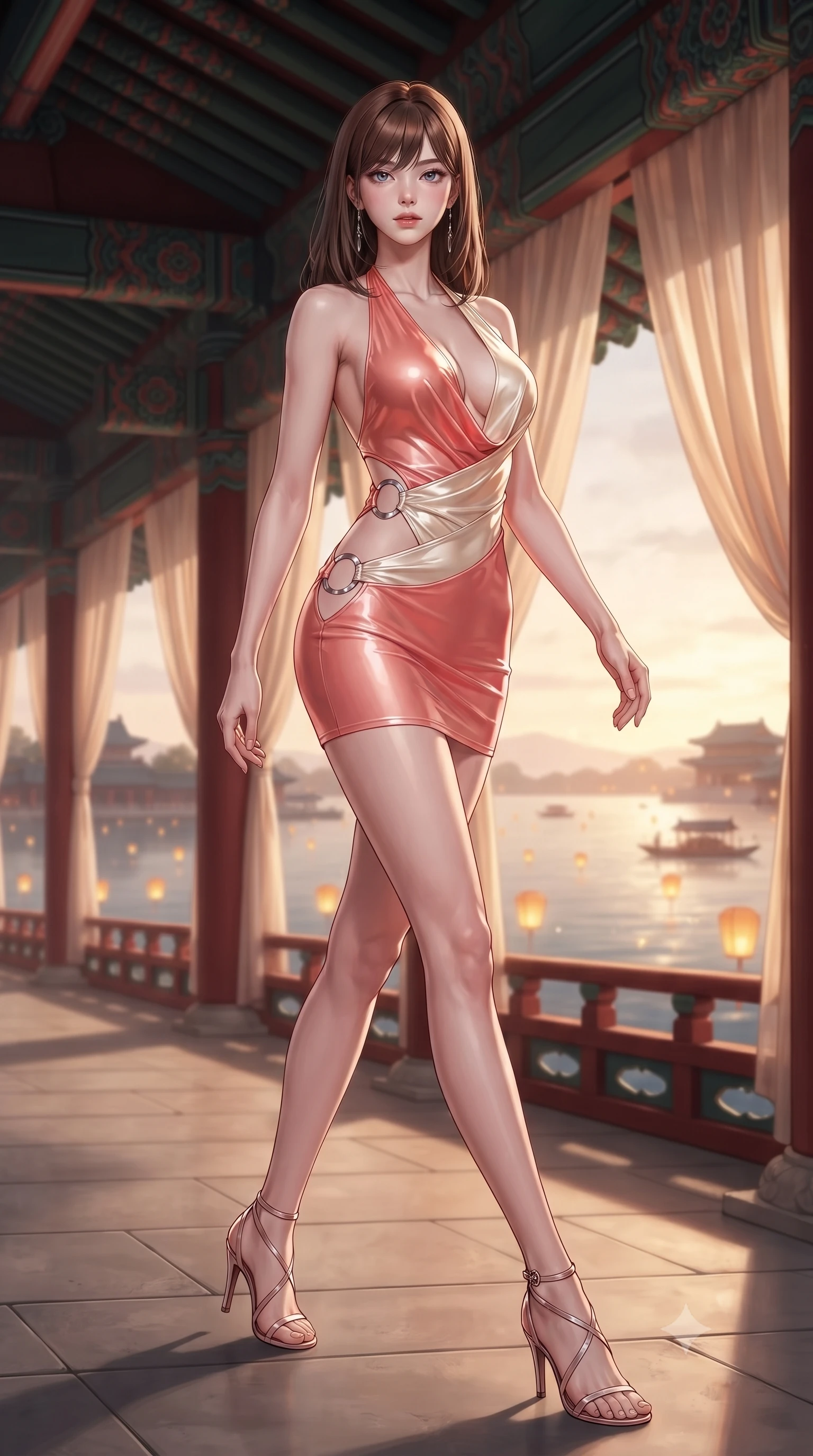 score_9, masterpiece, best quality, ultra-detailed, high-budget anime keyframe, editorial fashion photography, tasteful artistic composition, Korean woman. low angle full-body shot from head to toe showing her feet, filling the entire 9:16 vertical frame with her statuesque presence, stretching her vertical silhouette. pivoting dynamically in mid-motion with a breathtakingly alluring posture, displaying her flawless model proportions and ultra-slim waist while stepping along an open-air palace colonnade overlooking a glowing lantern-lit imperial lake at golden hour. The composition keeps background elements in soft focus with creamy bokeh. traditional vermilion roof eaves and silk drapes softened by shallow cinematic depth of field. She has an absolutely perfect, statuesque 8.5-heads proportion, an exceptionally tall and slender model-like female figure with impossibly long slender legs, a toned flat midriff, and an ultra-slim waist. sharp v-shaped jawline, high-bridge nose, intricate jewel-like eyes with depth, thick eyelashes, glossy lips with a natural sheen, flawlessly proportioned anatomical accuracy, strict slender model proportions, natural body alignment, perfectly sculpted long slender limbs, ultra-slim waistline, clean dynamic posture without body distortion. wearing a form-contouring liquid satin halter-neck mini dress with a deep crossover cowl front, open back, and ultra-slender waist drape in radiant coral pink and champagne ivory, crafted from ultra-reflective second-skin latex with a high-gloss glass-like polish, detailed with polished silver rings connecting the daring side-waist cutouts, the precision-cut daring openings accentuating her delicate midriff, graceful bare collarbones, and ultra-slim feminine waistline. illuminated by crisp gold rim highlights sharply defining her ultra-slim waist and long legs. ultra-reflective glossy finish, specular highlights, metallic sheen, high-contrast stereoscopic depth, volumetric dynamic lighting, 2k, ultra detail, master piece, 9:16 ratio