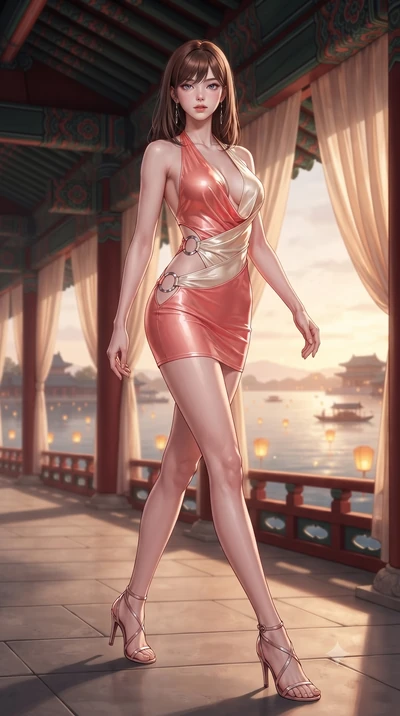 score_9, masterpiece, best quality, ultra-detailed, high-budget anime keyframe, editorial fashion photography, tasteful artistic composition, Korean woman. low angle full-body shot from head to toe showing her feet, filling the entire 9:16 vertical f