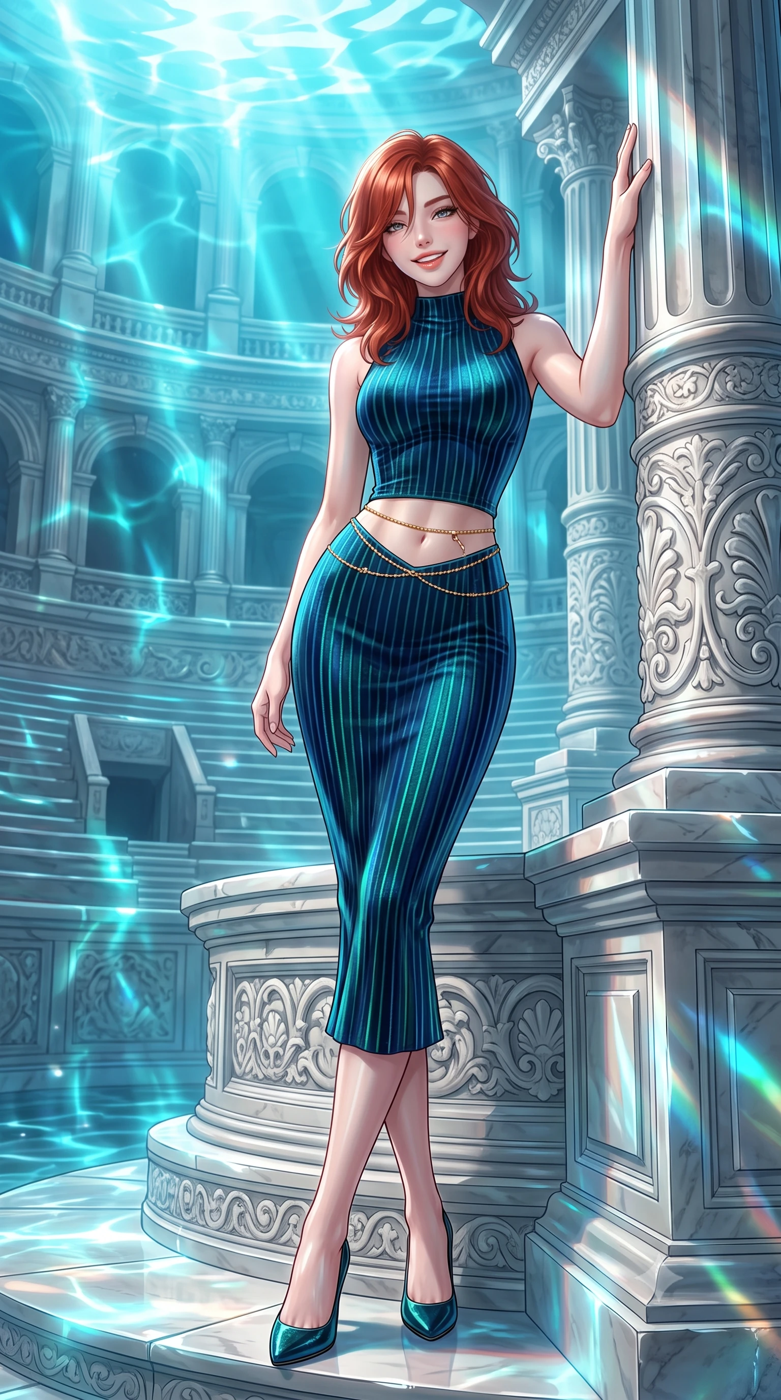 score_9, masterpiece, best quality, ultra-detailed, high-budget anime keyframe, editorial fashion photography, tasteful artistic composition, Korean woman. low angle full-body shot from head to toe showing her feet, filling the entire 9:16 vertical frame with her statuesque presence, stretching her vertical silhouette. standing tall beside the architectural column, one hand resting high while arching her lower back to emphasize her sculpted feminine hips and slender waist while sitting gracefully on the carved marble tier with legs crossed, flashing an enchanting smile with parted glossy lips. The surrounding environment is rendered in vivid detail and crisp panoramic clarity: detailed garment drape, high-gloss wet-look sheen, and grand sunken amphitheater architecture in high resolution. She has an exceptionally tall and slender model-like 8.5-heads proportion, an ultra-slim waist, a flat toned midriff, narrow delicate ribcage, and beautifully sculpted feminine hips creating a graceful, slim hourglass silhouette without any bulky heaviness, with impossibly long slender legs. sharp v-shaped jawline, high-bridge nose, intricate jewel-like sparkling eyes with depth, thick eyelashes, glossy parted lips with a natural peach sheen, bright cheerful beaming smile with an enchanting and coquettish sensual glint, exuding both youthful cute charm and seductive allure, flawlessly proportioned anatomical accuracy, strict slender model proportions, natural body alignment, perfectly sculpted long slender limbs, ultra-slim waistline, clean dynamic posture without body distortion. wearing a tailored velvet bodycon dress with metallic fiber pinstripes following her statuesque 8.5-heads silhouette in abyssal ocean sapphire and bioluminescent emerald, woven from structured carbon-fiber jacquard with rich textural depth, accented with a dainty gold belly chain resting across her flat midriff and curving hips, the form-contouring silhouette accentuating her sculpted flat midriff, narrow delicate ribcage, and gracefully curvy hips with intoxicating allure. bathed in brilliant underwater cyan caustic ribbons and pulsing hard-light holographic projections. ultra-reflective glossy finish, specular highlights, rich textural contrasts, high-contrast stereoscopic depth, volumetric dynamic lighting, 2k, ultra detail, master piece, 9:16 ratio