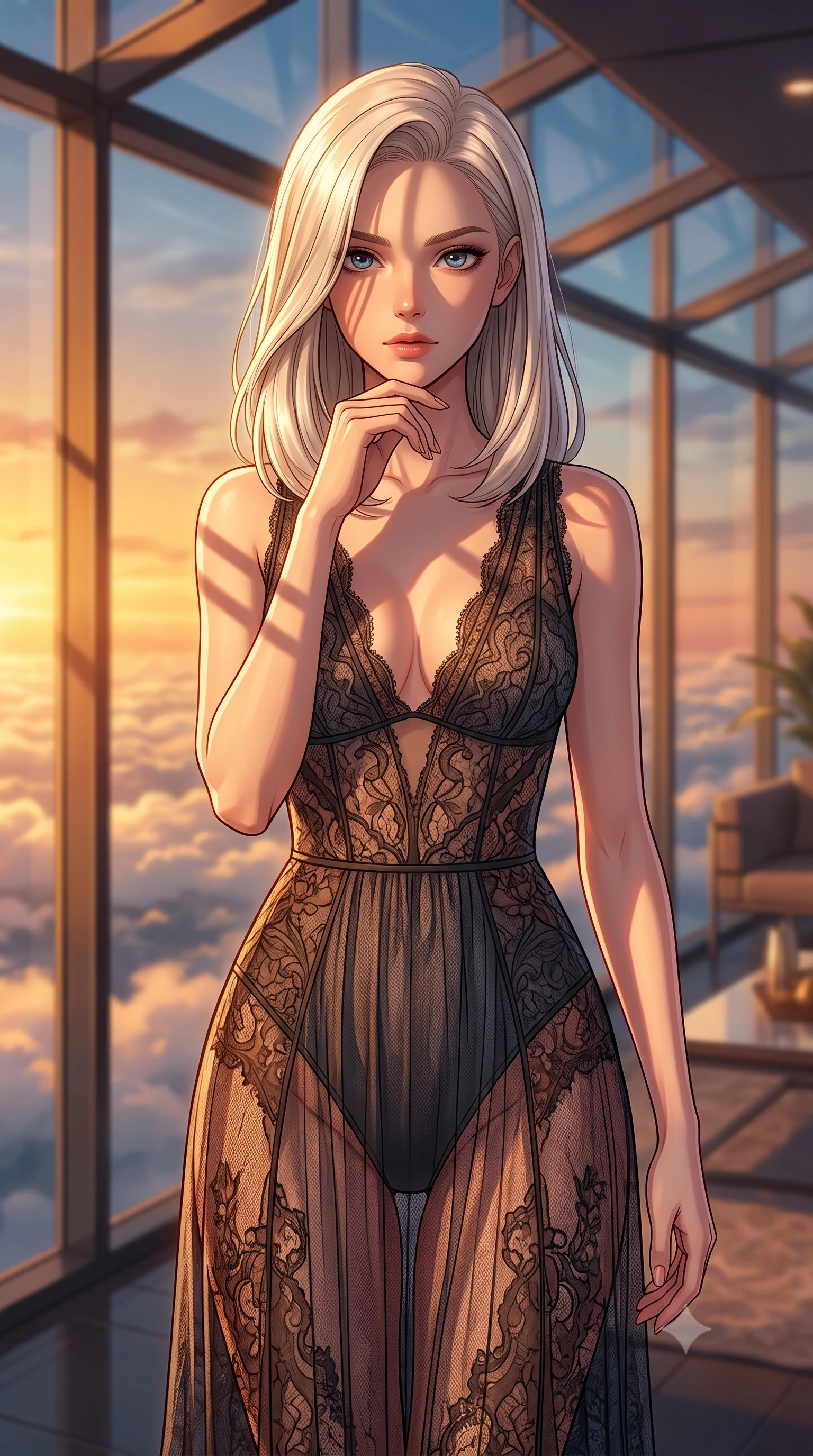 score_9, masterpiece, best quality, ultra-detailed, high-budget anime keyframe, editorial fashion photography, tasteful artistic composition, Caucasian woman woman. close-up cowboy shot from the waist and thighs up, the character dominates the composition, filling the frame with her large presence, background elements kept in soft focus. She has an exceptionally elegant, slender, and willowy female figure with an ultra-slim waist, a gracefully sculpted slender torso, and a refined silhouette. resting her chin on the back of her fingers in a thoughtful and effortless pose, flawlessly proportioned anatomical accuracy, natural body alignment, perfectly sculpted elegant limbs, clean dynamic posture without body distortion. set against a soft-focus background of a glass-walled sky lounge overlooking sea clouds at golden hour. wearing a see-through dark lace panel gown over a fitted micro-leotard with a plunging V-neckline. bathed in golden sunset light casting long architectural frame shadows. highly saturated vibrant anime colors, detailed shading with soft gradients, rich glossy textures, high-contrast stereoscopic depth, volumetric dynamic lighting, master piece, 9:16 ratio