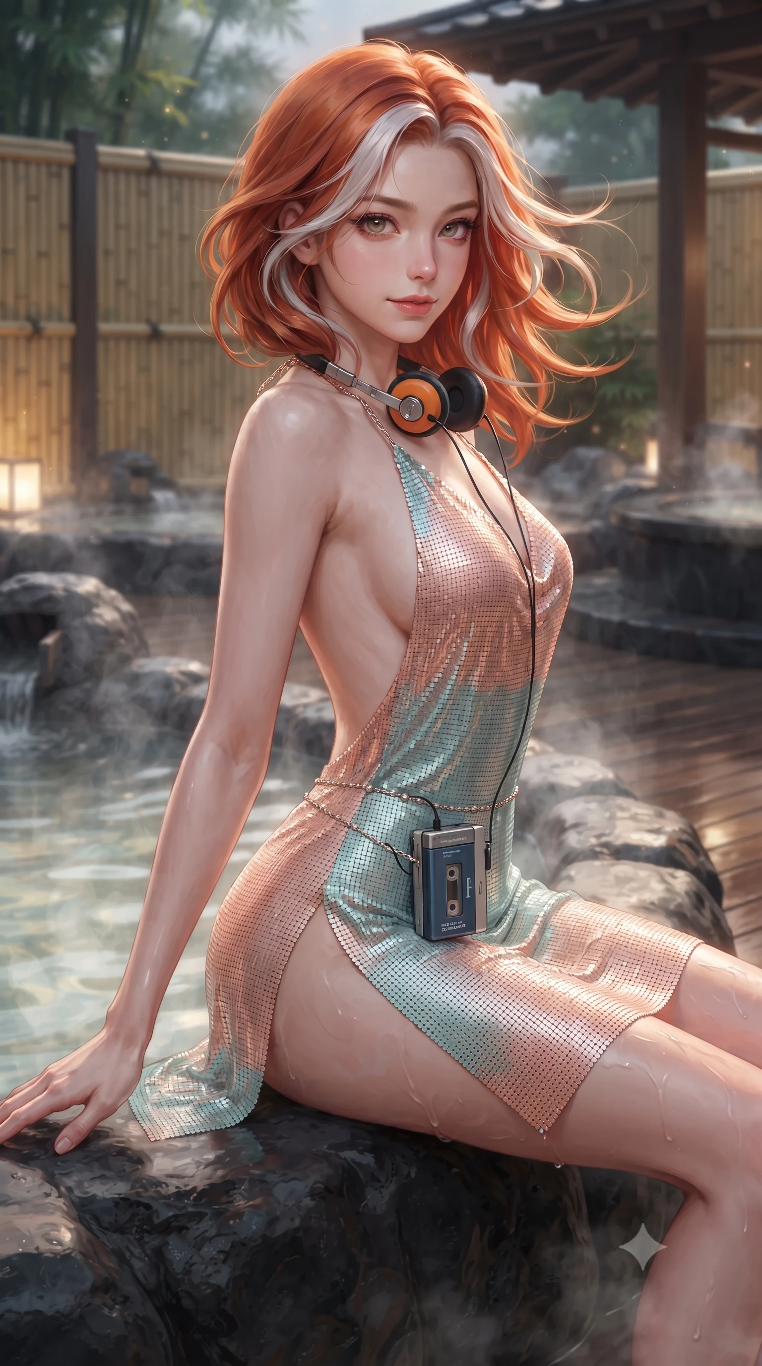 score_9, masterpiece, best quality, ultra-detailed, high-budget anime keyframe, editorial fashion photography, tasteful artistic composition, Caucasian woman. close-up cowboy shot from the waist and thighs up, the character dominates the composition, filling the frame with her large presence. turning slowly with an enchanting smoldering smile, her glossy hair tossing in the breeze as her hips angle gracefully in a captivating contrapposto while sitting on the smooth volcanic rock rim of the steaming bath, arching her spine with breathtaking wet-look siren grace. The surrounding environment is rendered in vivid detail and crisp panoramic clarity: detailed wet fabric cling, delicate waist chain shine, and bespoke spa architecture in high resolution. She has an exceptionally elegant, slender, and willowy female figure with an ultra-slim waist, flat toned midriff, narrow ribcage, and sculpted feminine hips creating an alluring, slim hourglass silhouette without bulk. sharp v-shaped jawline, high-bridge nose, sparkling eyes with hypnotic seductive depth, thick curled eyelashes, glossy parted lips with a natural dewy peach sheen, alluring bedroom-eyes with an enchanting coquettish smile, exuding magnetic siren charisma and sophisticated glamour, flawlessly proportioned anatomical accuracy, strict slender model proportions, natural body alignment, perfectly sculpted long slender limbs, ultra-slim waistline, clean dynamic posture without body distortion. wearing a slinky backless halterneck column mini dress in shimmering stretch lurex with deep side slits in pastel peach blossom and celadon porcelain blue, crafted from shimmering fluid chainmail mesh reflecting ambient neon lights, complemented by a retro cassette walkman with vintage foam-padded orange headphones, the precision-cut side openings and low-back scoop framing her graceful spine and the sensual sweep of her slim, toned hips. illuminated by hot spring water caustics and sharp platinum rim lights sculpting her razor-sharp jawline, narrow waist, and curvy hips. ultra-reflective glossy finish, specular highlights, rich textural contrasts, high-contrast stereoscopic depth, volumetric dynamic lighting, 2k, ultra detail, master piece, 9:16 ratio