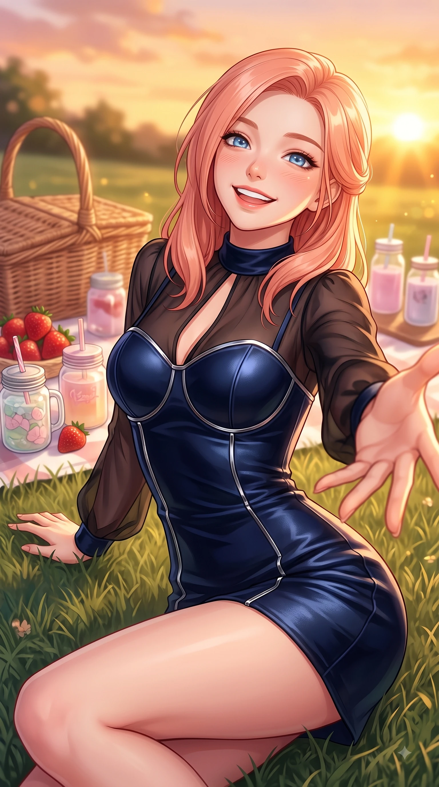 score_9, masterpiece, best quality, ultra-detailed, high-budget anime keyframe, editorial fashion photography, tasteful artistic composition, Japanese woman. close-up cowboy shot from the waist and thighs up, the character dominates the composition, filling the frame with her large presence, background elements kept in soft focus. Fresh enchanting smile, her eyes twinkling like jewels in the bright sunlight as one arm reaches out cheerfully while resting on her elbow on the grass while looking up with sparkling, happy eyes at the sunset, picnic baskets, fresh strawberries, and pastel drinks adding a sweet girlhood charm. She has an exceptionally elegant, slender, and willowy female figure with an ultra-slim waist, a gracefully sculpted slender torso, and a refined silhouette. sharp v-shaped jawline, high-bridge nose, intricate jewel-like eyes with depth, thick eyelashes, glossy lips with a natural sheen, flawlessly proportioned anatomical accuracy, natural body alignment, perfectly sculpted elegant limbs, clean dynamic posture without body distortion. wearing a tailored leather bustier over a sheer silk chiffon blouse in midnight navy blue and chrome trim, made of premium stretch velvet with a rich sheen, accented with a Tasteful chest slit framing her clavicle gracefully, the form-contouring material highlighting her ultra-slim waist and long lines. bathed in glorious golden hour sunset sunbeams and warm amber sky radiance. highly saturated vibrant anime colors, detailed shading with soft gradients, rich glossy textures, high-contrast stereoscopic depth, volumetric dynamic lighting, master piece, 9:16 ratio