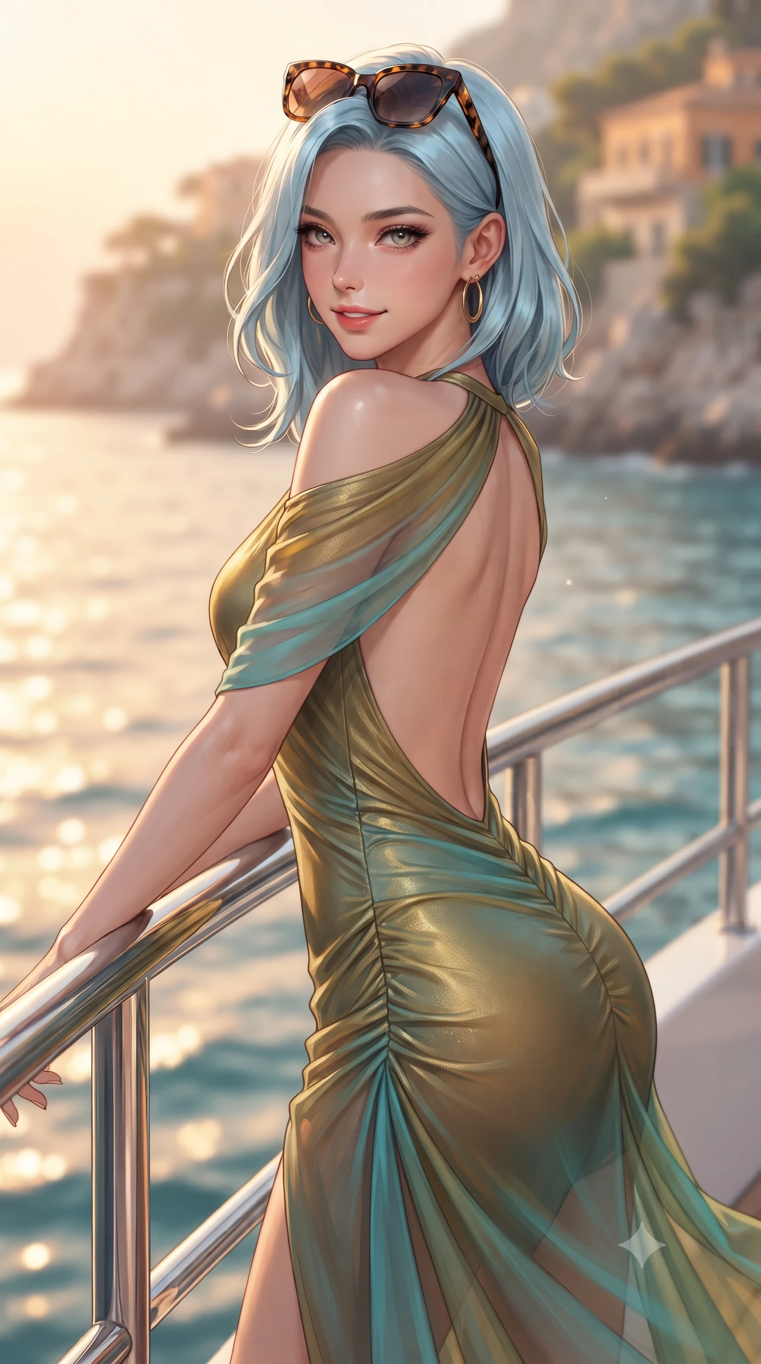score_9, masterpiece, best quality, ultra-detailed, high-budget anime keyframe, editorial fashion photography, tasteful artistic composition, Korean woman. close-up cowboy shot from the waist and thighs up, the character dominates the composition, filling the frame with her large presence. leaning back with relaxed seductive grace, her sculpted collarbones and narrow waist highlighted as she casts smoldering bedroom-eyes directly into the camera while perching on the chrome stern railing of a luxury superyacht with hips angled toward the sunset, looking back over her shoulder with an intoxicating smile. The composition keeps background elements in soft focus with creamy bokeh. glittering golden Mediterranean waves and distant coastal cliff villas blurred into molten amber, peach, and turquoise bokeh. She has an exceptionally elegant, slender, and willowy female figure with an ultra-slim waist, a gracefully sculpted slender torso, toned flat midriff, and rounded feminine hips creating an alluring hourglass silhouette. sharp v-shaped jawline, high-bridge nose, intricate jewel-like eyes with depth, thick eyelashes, glossy parted lips with a natural sheen, intensely captivating and seductive bedroom-eyes expression, flawlessly proportioned anatomical accuracy, strict slender model proportions, natural body alignment, perfectly sculpted long slender limbs, ultra-slim waistline, clean dynamic posture without body distortion. wearing a second-skin metallic jersey evening dress with an asymmetric open shoulder and hip-defining ruching in olive gold and Mediterranean turquoise, woven from sheer cascading chiffon that flutters with every ocean breeze, accessorized with oversized designer tortoiseshell sunglasses and gold hoop earrings, the dramatically scooped open back descending to the base of her spine, accentuating her razor-sharp statuesque lines and curvy hourglass silhouette. surrounded by an opulent, sun-drenched, and breathtakingly seductive jet-set heiress aura. ultra-reflective glossy finish, specular highlights, rich textural contrasts, high-contrast stereoscopic depth, volumetric dynamic lighting, 2k, ultra detail, master piece, 9:16 ratio