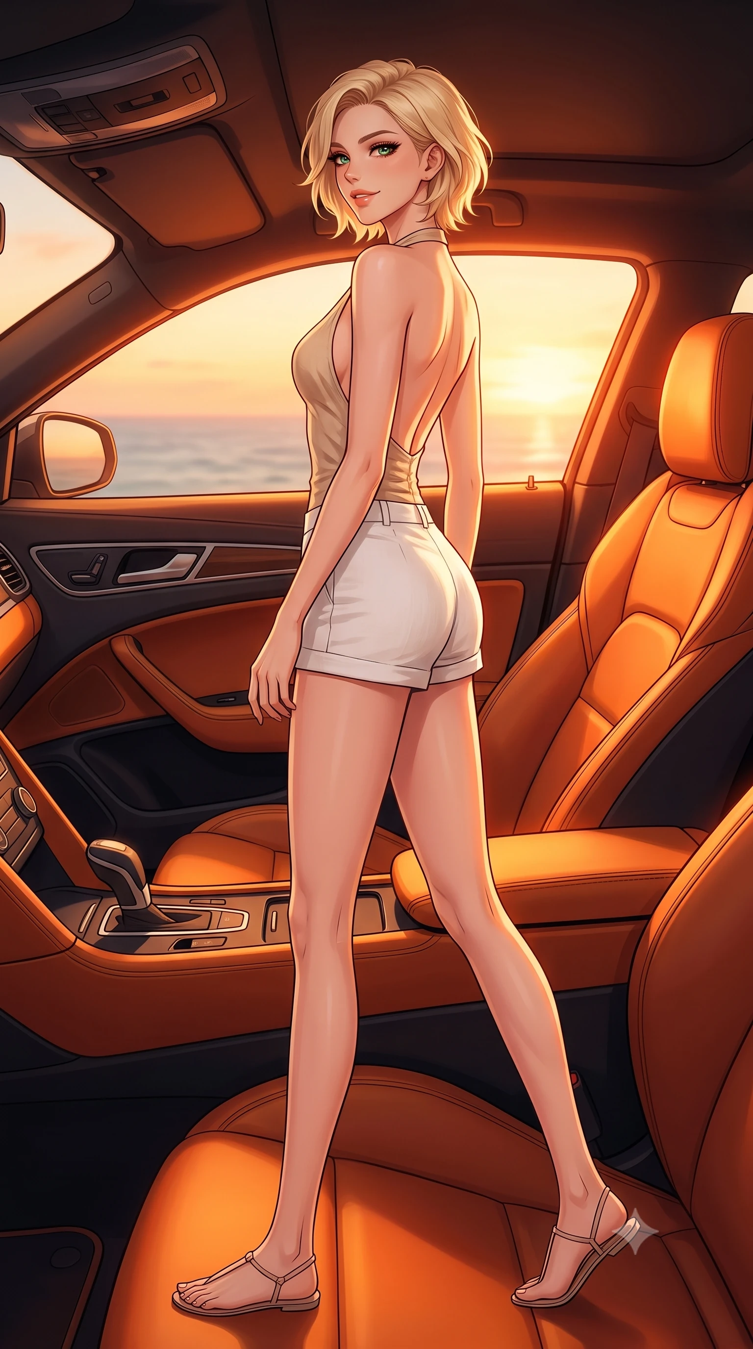 score_9, masterpiece, best quality, ultra-detailed, high-budget anime keyframe, tasteful artistic composition, Caucasian woman. low angle full-body shot from head to toe showing her feet, filling the entire 9:16 vertical frame with her statuesque presence, stretching her vertical silhouette. stepping gracefully while looking back over her shoulder, her dress draped tightly to reveal her silhouette the background shows a soft-focus the passenger seat of a luxury coupe overlooking the ocean horizon at sunset. She has an absolutely perfect, statuesque 8.5-heads proportion, an exceptionally tall and slender model-like female figure with impossibly long slender legs and an ultra-slim waist. sharp v-shaped jawline, high-bridge nose, intricate jewel-like eyes with depth, thick eyelashes, glossy lips with a natural sheen. wearing a slim-fit stylish linen halter top with an open-back design, paired with white micro-shorts. warm sunset light filtering through the window, painting the interior in orange. highly saturated vibrant anime colors, cel-shading, 2d style, master piece, 9:16 ratio