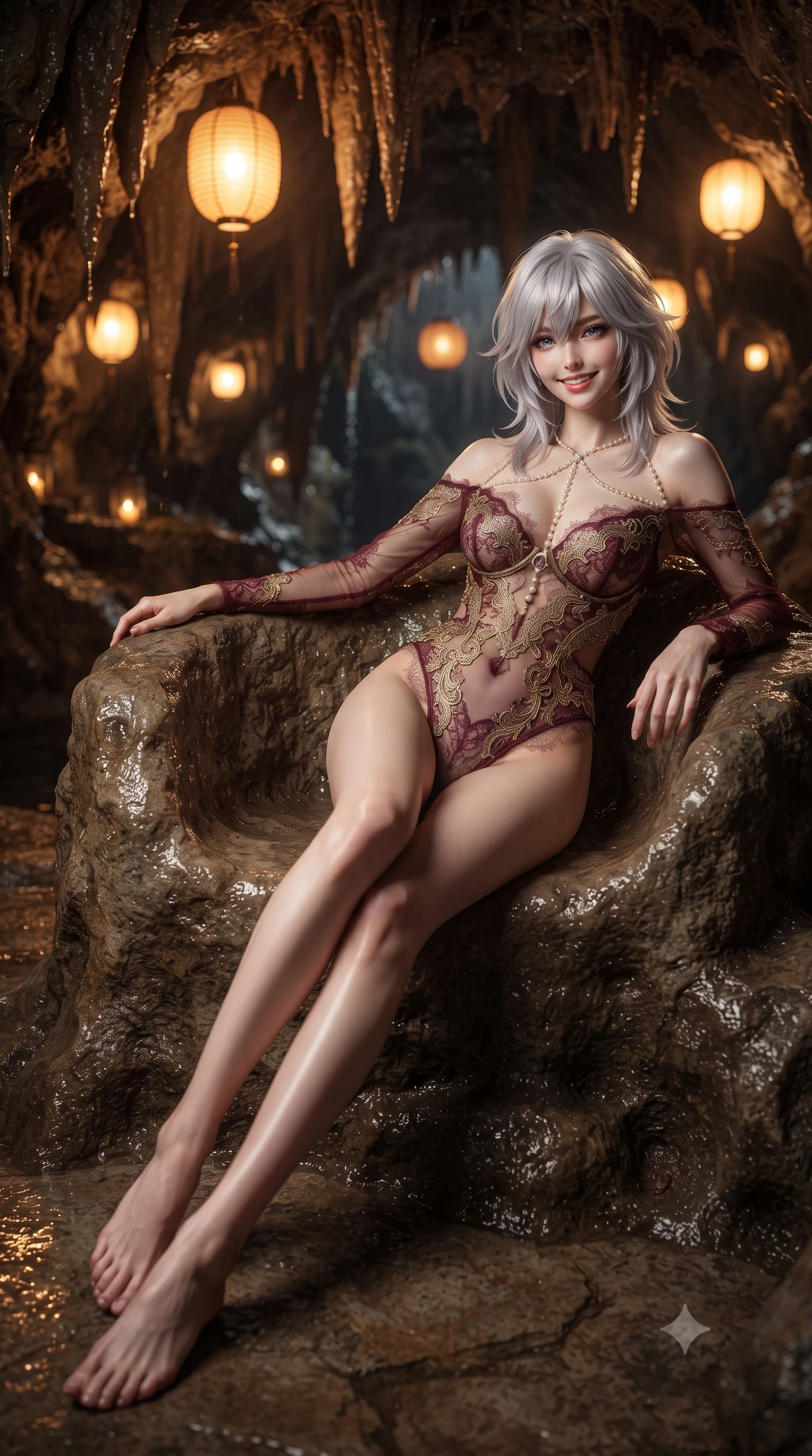 score_9, masterpiece, best quality, ultra-detailed, high-budget anime keyframe, editorial fashion photography, tasteful artistic composition, Japanese woman. low angle full-body shot from head to toe showing her feet, filling the entire 9:16 vertical frame with her statuesque presence, stretching her vertical silhouette. stepping forward in a confident stride, her long slender legs and curvaceous hips creating a dynamic, sweeping vertical line while lounging back into the natural rock seat propped on one elbow with legs extended, her statuesque hourglass silhouette commanding the grotto. The background shows a soft-focus glistening dark cavern rock walls, dripping mineral stalactites, and amber paper lanterns suspended from rock ceilings blurred into honey, bronze, and obsidian bokeh. She has an exceptionally tall and slender model-like 8.5-heads proportion, an ultra-slim waist, a flat toned midriff, narrow delicate ribcage, and beautifully sculpted feminine hips creating a graceful, slim hourglass silhouette without any bulky heaviness, with impossibly long slender legs. sharp v-shaped jawline, high-bridge nose, intricate jewel-like sparkling eyes with depth, thick eyelashes, glossy parted lips with a natural peach sheen, bright cheerful beaming smile with an enchanting and coquettish sensual glint, exuding both youthful cute charm and seductive allure, flawlessly proportioned anatomical accuracy, strict slender model proportions, natural body alignment, perfectly sculpted long slender limbs, ultra-slim waistline, clean dynamic posture without body distortion. wearing an off-the-shoulder sheer illusion mesh evening bodysuit with gold dragon-scale embroidery contouring her hourglass waist in French boudoir bordeaux wine and antique brass, made of delicate semi-sheer French Chantilly lace with intricate eyelash edges, accented with a pearl-drop body harness subtly framing her dewy collarbones and spine, the second-skin tailored fabric adhering flawlessly to her sculpted flat midriff and slender torso, emphasizing her long leg lines and perfectly proportioned willowy build. bathed in the warm, intimate 2300K glow of concealed amber lantern sconces bouncing off glistening wet stone. ultra-reflective glossy finish, specular highlights, rich textural contrasts, high-contrast stereoscopic depth, volumetric dynamic lighting, 2k, ultra detail, master piece, 9:16 ratio