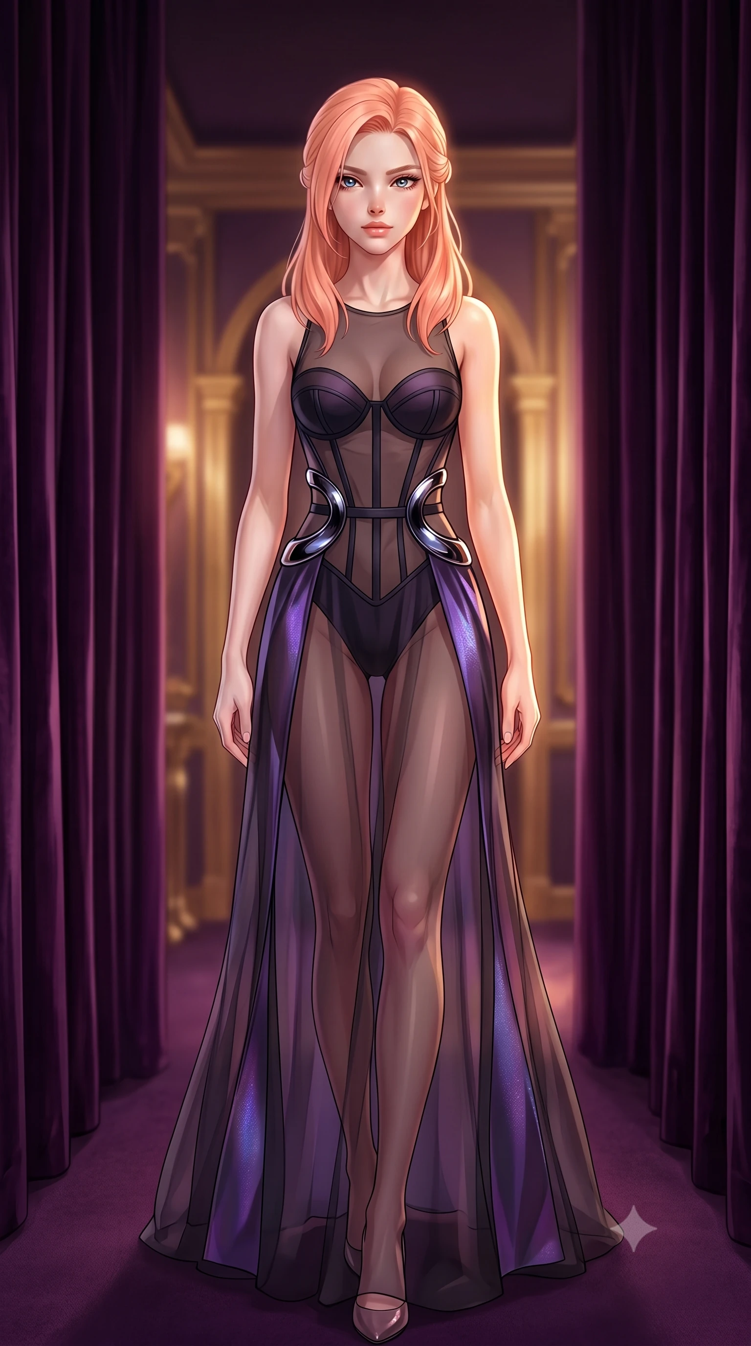 score_9, masterpiece, best quality, ultra-detailed, high-budget anime keyframe, editorial fashion photography, tasteful artistic composition, Japanese woman. low angle full-body shot from head to toe showing her feet, filling the entire 9:16 vertical frame with her statuesque presence, stretching her vertical silhouette. navigating the private sanctuary with an effortless, graceful stride, walking along a private velvet-lined hallway connecting the runway and lounge, sharp v-shaped jawline and glossy lips glinting under key studio rays. She has an absolutely perfect, statuesque 8.5-heads proportion, an exceptionally tall and slender model-like female figure with impossibly long slender legs and an ultra-slim waist. sharp v-shaped jawline, high-bridge nose, intricate jewel-like eyes with depth, thick eyelashes, glossy lips with a natural sheen. wearing semi-opaque sheer dark chiffon gown revealing structured corset silhouette in pitch-black onyx, made of iridescent dark violet taffeta, accented with sculpted obsidian chrome rings at the waist, sculpting her athletic slender build with refined precision. surrounded by a warm glamorous glow with deep shadowy background contrast. highly saturated vibrant anime colors, detailed shading with soft gradients, rich glossy textures, high-contrast stereoscopic depth, volumetric dynamic lighting, master piece, 9:16 ratio