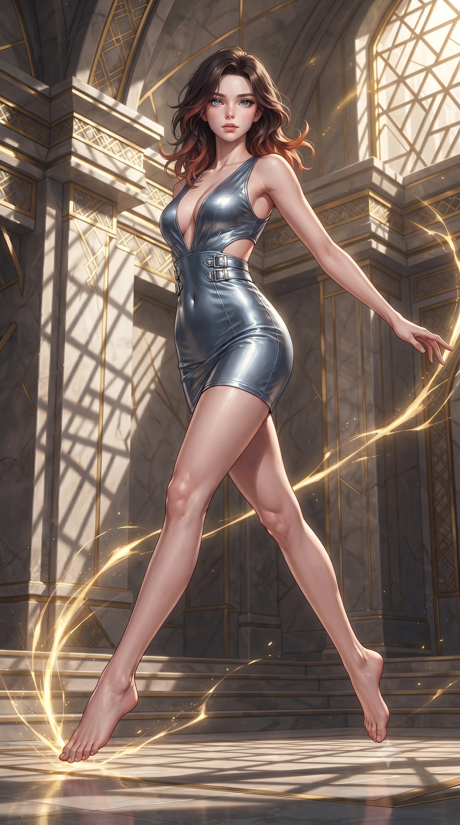 score_9, masterpiece, best quality, ultra-detailed, high-budget anime keyframe, editorial fashion photography, tasteful artistic composition, Korean woman. low angle full-body shot from head to toe showing her feet, filling the entire 9:16 vertical frame with her statuesque presence, stretching her vertical silhouette. leaping gracefully through mid-air with statuesque elegance, her impossibly long slender legs stretched in perfect balance while forging dynamically through an architectural sun temple as golden energy arcs erupt nearby, platinum wire lattices reflecting intense warm sunlight with brilliant metallic luster. She has an absolutely perfect, statuesque 8.5-heads proportion, an exceptionally tall and slender model-like female figure with impossibly long slender legs and an ultra-slim waist. sharp v-shaped jawline, high-bridge nose, intricate jewel-like eyes with depth, thick eyelashes, glossy lips with a natural sheen, flawlessly proportioned anatomical accuracy, natural body alignment, perfectly sculpted elegant limbs, clean dynamic posture without body distortion. wearing a liquid mercury gloss mini dress with ultra-deep V-neck and waist cutouts in slate blue and metallic silver, crafted from smooth liquid silk, detailed with polished silver buckles along the waistline, the glove-like fit emphasizing her statuesque silhouette during motion. illuminated by a majestic golden key light casting sharp dynamic shadow grids. ultra-reflective glossy finish, specular highlights, metallic sheen, high-contrast stereoscopic depth, volumetric dynamic lighting, 2k, ultra detail, master piece, 9:16 ratio