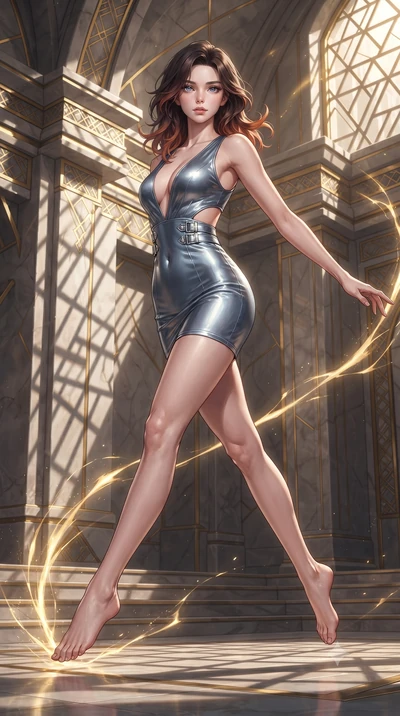 score_9, masterpiece, best quality, ultra-detailed, high-budget anime keyframe, editorial fashion photography, tasteful artistic composition, Korean woman. low angle full-body shot from head to toe showing her feet, filling the entire 9:16 vertical f