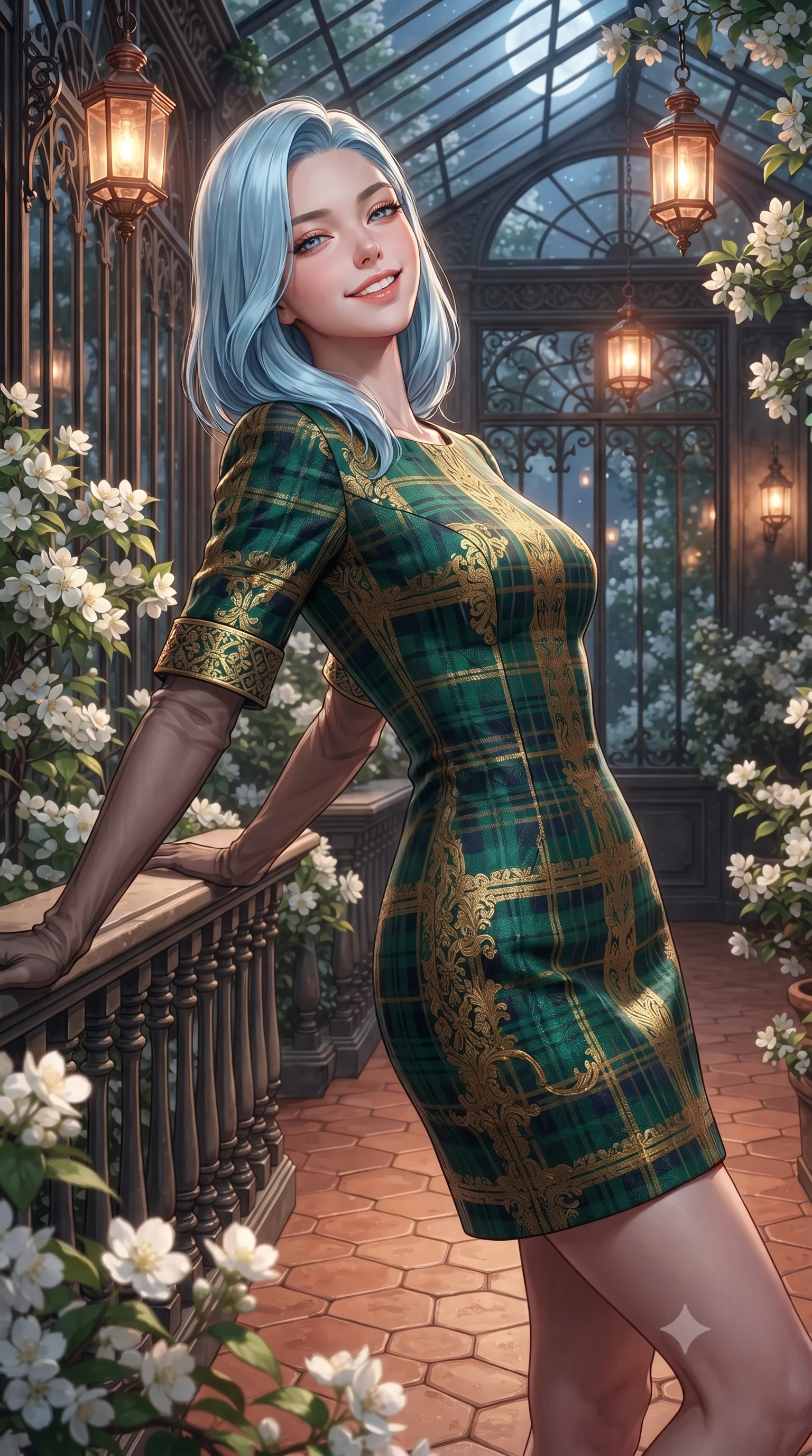 score_9, masterpiece, best quality, ultra-detailed, high-budget anime keyframe, editorial fashion photography, tasteful artistic composition, Korean woman. close-up cowboy shot from the waist and thighs up, the character dominates the composition, filling the frame with her large presence. leaning back against the balustrade with relaxed seductive grace, head tilted back slightly while casting a hypnotic, heavy-lidded gaze while standing poised on the terracotta tile floor of the antique glass orangery surrounded by blooming jasmine and white apple blossoms, arching her spine with wet-look siren grace. The surrounding environment is rendered in vivid detail and crisp panoramic clarity: sharp hand-forged iron orangery window frames, antique terracotta hexagonal pavers, and velvety white flower petals in deep focus. She has an exceptionally elegant, slender, and willowy female figure with an ultra-slim waist, flat toned midriff, narrow ribcage, and sculpted feminine hips creating an alluring, slim hourglass silhouette without bulk. sharp v-shaped jawline, high-bridge nose, intricate jewel-like sparkling eyes with depth, thick eyelashes, glossy parted lips with a natural peach sheen, bright cheerful beaming smile with an enchanting and coquettish sensual glint, exuding both youthful cute charm and seductive allure, flawlessly proportioned anatomical accuracy, strict slender model proportions, natural body alignment, perfectly sculpted long slender limbs, ultra-slim waistline, clean dynamic posture without body distortion. wearing an aristocratic French Normandy jacquard brocade shift dress with bracelet sleeves in Balmoral royal tartan emerald and gilded brass, crafted from bespoke double-faced cashmere with an exceptionally soft tactile finish, complemented by sheer opera-length evening gloves tracing her slender arms, the bespoke structured tailoring following the natural line of her 8.5-heads silhouette with refined elegance. bathed in the warm 2500K glow of hanging copper lantern sconces combined with silver moonlight through glass. ultra-reflective glossy finish, specular highlights, rich textural contrasts, high-contrast stereoscopic depth, volumetric dynamic lighting, 2k, ultra detail, master piece, 9:16 ratio