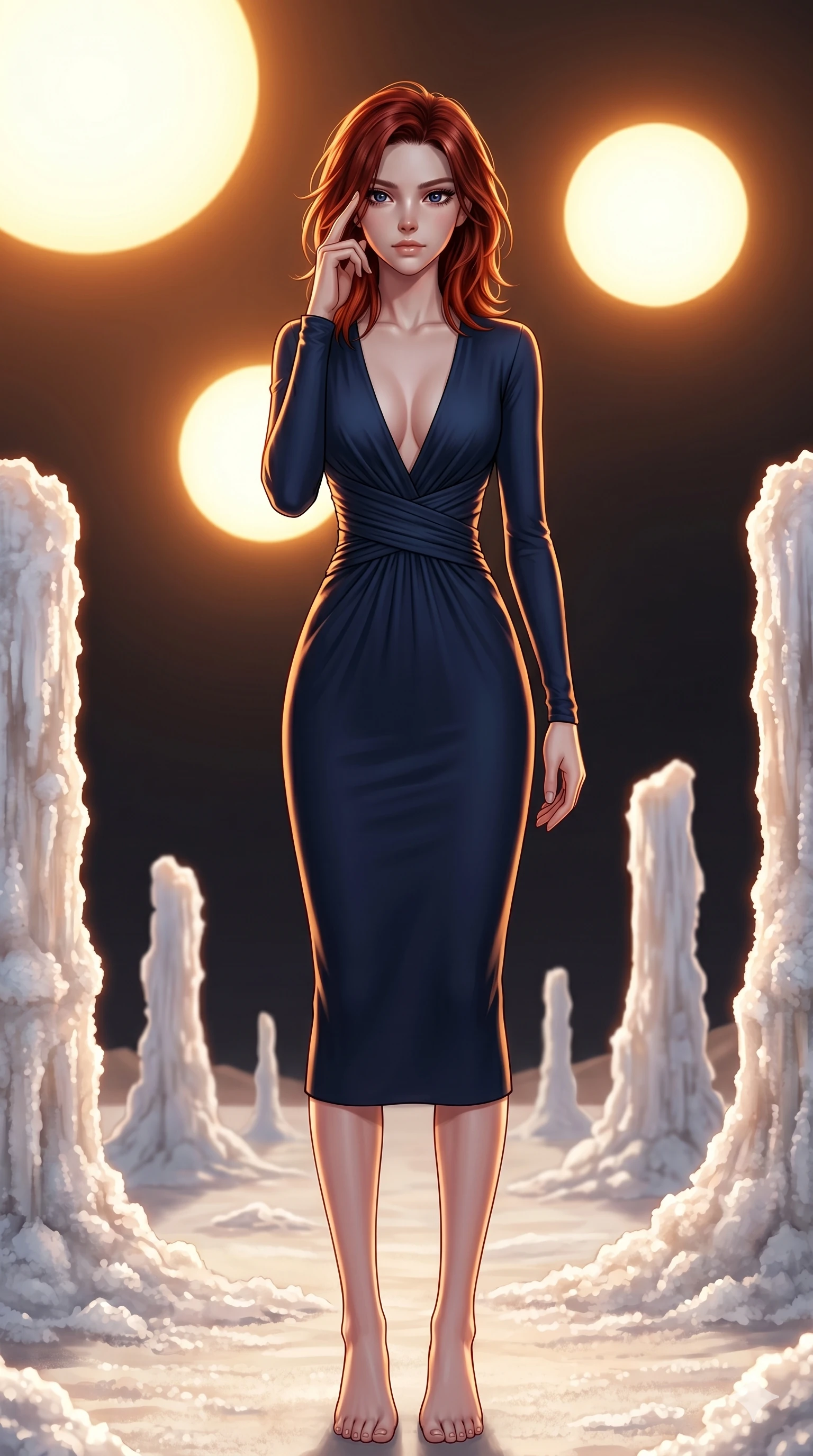 score_9, masterpiece, best quality, ultra-detailed, high-budget anime keyframe, editorial fashion photography, tasteful artistic composition, Korean woman. cowboy shot from the thighs up, character and outfit filling the frame for maximum editorial presence. Pressing two fingers to her temple in a composed thoughtful gesture amidst a surreal desert of white salt pillars under a sky filled with three giant suns. She has an absolutely perfect 8-heads proportion, an exceptionally tall and slender female figure with impossibly long slender legs and an ultra-slim waist. V-shaped jawline, high-bridge nose, intricate jewel-like eyes with depth, thick eyelashes, glossy lips with a natural sheen. wearing a deep-V neck midi dress in midnight blue matte jersey with strategic waist ruching, long slim sleeves, and a form-contouring fit that highlights her elegant proportions. drenched in warm amber cinematic rim lighting that traces every contour of her silhouette against a dark background. 2k, ultra detail, master piece, 9:16 ratio