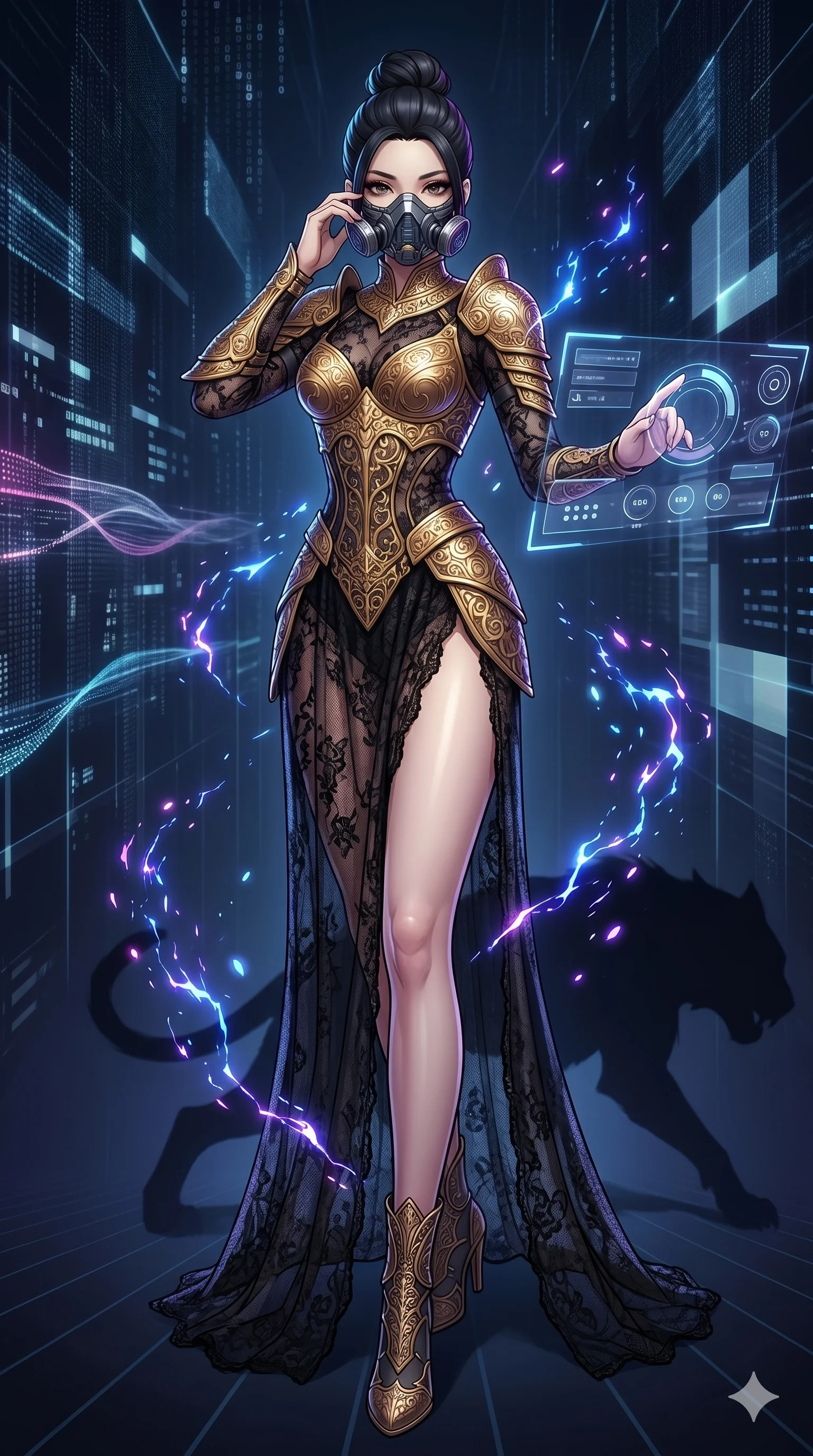 score_9, masterpiece, best quality, ultra-detailed, Set A: High-budget Anime Keyframe, Caucasian (strictly human ears) woman. Low angle cowboy shot filling the entire 9:16 frame with her statuesque presence. Adjusting a mask through a virtual reality void, while her shadow mimics the movements of a predator 255 and surrounded by glowing energy sparks. She has an absolutely perfect 8-heads proportion, an exceptionally tall and slender female figure with impossibly long slender legs and an ultra-slim waist. Sharp v-shaped jawline, high-bridge nose, intricate jewel-like eyes with depth, thick eyelashes, glossy lips with a natural sheen. Wearing Ornate gold plate armor over a sheer black lace gown with a high-slit. Cinematic lighting, vibrant colors, dramatic shadows, 2k, ultra detail, master piece, 9:16 ratio