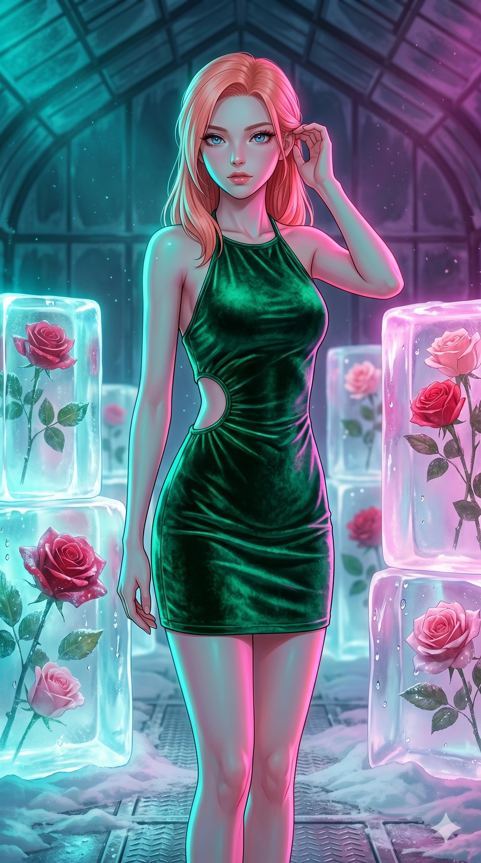 score_9, masterpiece, best quality, ultra-detailed, high-budget anime keyframe, editorial fashion photography, tasteful artistic composition, Japanese woman. cowboy shot from the thighs up, character and outfit filling the frame for maximum editorial presence. Lifting one hand to gently tuck hair behind her ear mid-frame inside a winter greenhouse where roses are frozen in blocks of glowing ice. She has an absolutely perfect 8-heads proportion, an exceptionally tall and slender female figure with impossibly long slender legs and an ultra-slim waist. V-shaped jawline, high-bridge nose, intricate jewel-like eyes with depth, thick eyelashes, glossy lips with a natural sheen. wearing an emerald green velvet mini dress with a halter neckline, featuring a single circular cutout at the left side of the waist. under intense neon teal and magenta split-lighting creating vivid chromatic contrast on her figure. 2k, ultra detail, master piece, 9:16 ratio