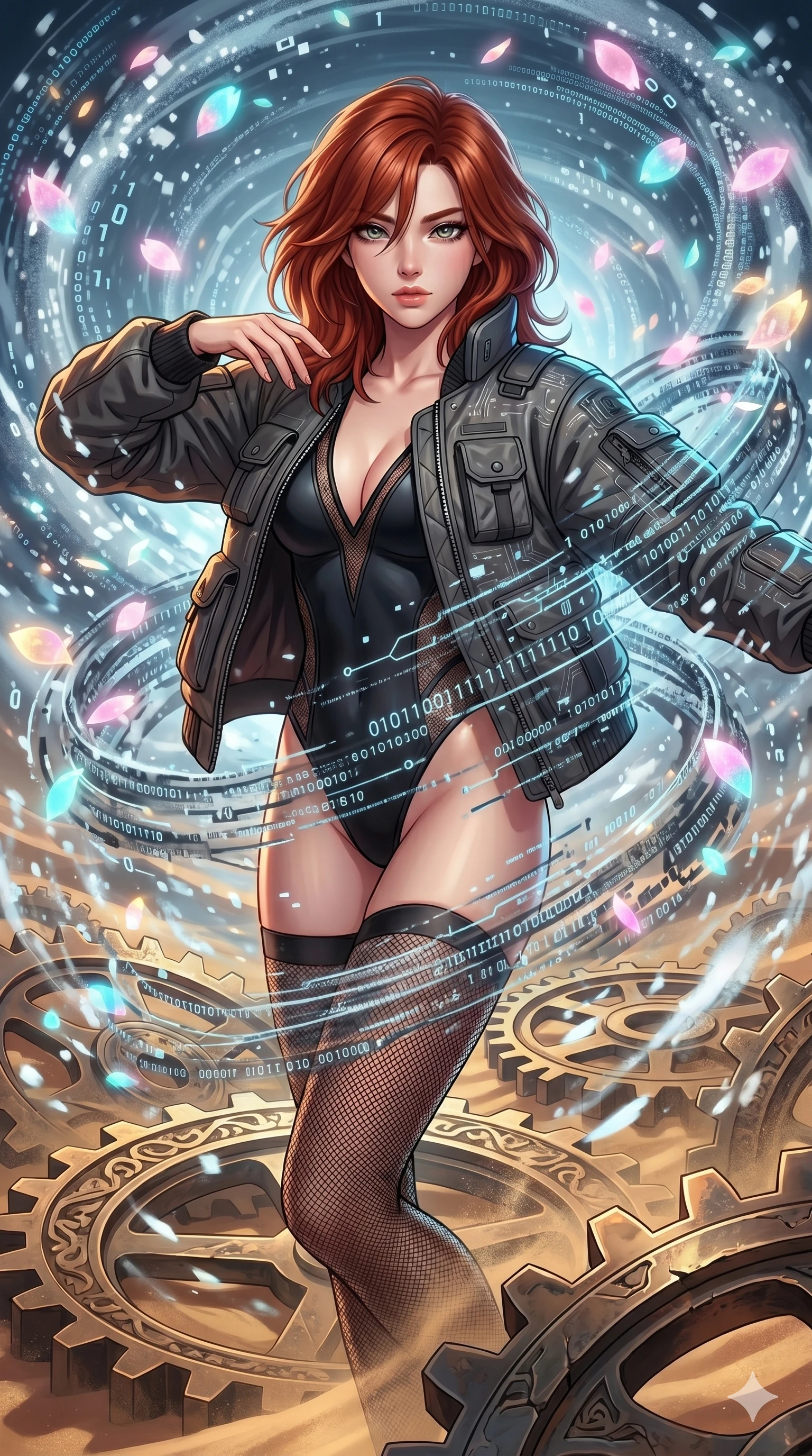 score_9, masterpiece, best quality, ultra-detailed, Set A: High-budget Anime Keyframe, Japanese woman. Upper body close-up from the thighs up, character filling the screen for maximum presence. Dancing through a clockwork desert, while a digital blizzard of 49 bits obscures the horizon and surrounded by digital sakura petals. She has an absolutely perfect 8-heads proportion, an exceptionally tall and slender female figure with impossibly long slender legs and an ultra-slim waist. Sharp v-shaped jawline, high-bridge nose, intricate jewel-like eyes with depth, thick eyelashes, glossy lips with a natural sheen. Wearing Heavy tactical bomber jacket worn over a micro-bodysuit with mesh stockings. Cinematic lighting, vibrant colors, dramatic shadows, 2k, ultra detail, master piece, 9:16 ratio
