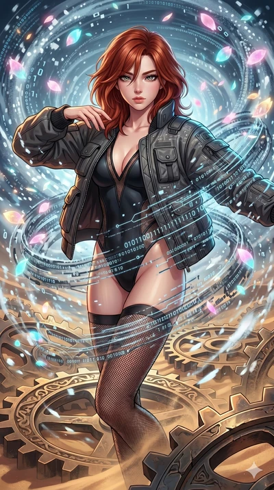 score_9, masterpiece, best quality, ultra-detailed, Set A: High-budget Anime Keyframe, Japanese woman. Upper body close-up from the thighs up, character filling the screen for maximum presence. Dancing through a clockwork desert, while a digital bliz