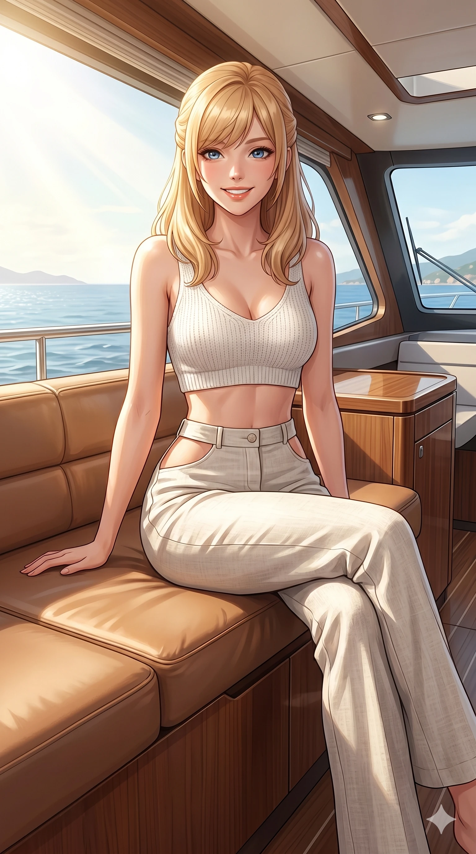 score_9, masterpiece, best quality, ultra-detailed, high-budget anime keyframe, editorial fashion photography, tasteful artistic composition, Caucasian woman, strictly human ears. cowboy shot from the thighs up, character and outfit filling the frame for maximum editorial presence. sitting on a seat, looking at the camera with a bright, welcoming smile inside an open-air yacht cabin with a view of the sea. She has an absolutely perfect 8-heads proportion, an exceptionally tall and slender female figure with impossibly long slender legs and an ultra-slim waist. V-shaped jawline, high-bridge nose, intricate jewel-like eyes with depth, thick eyelashes, glossy lips with a natural sheen. wearing a white knit crop top and high-waisted linen trousers with side cutouts. bathed in morning sunbeams flowing through the cabin window, creating a bright feel. 2k, ultra detail, master piece, 9:16 ratio