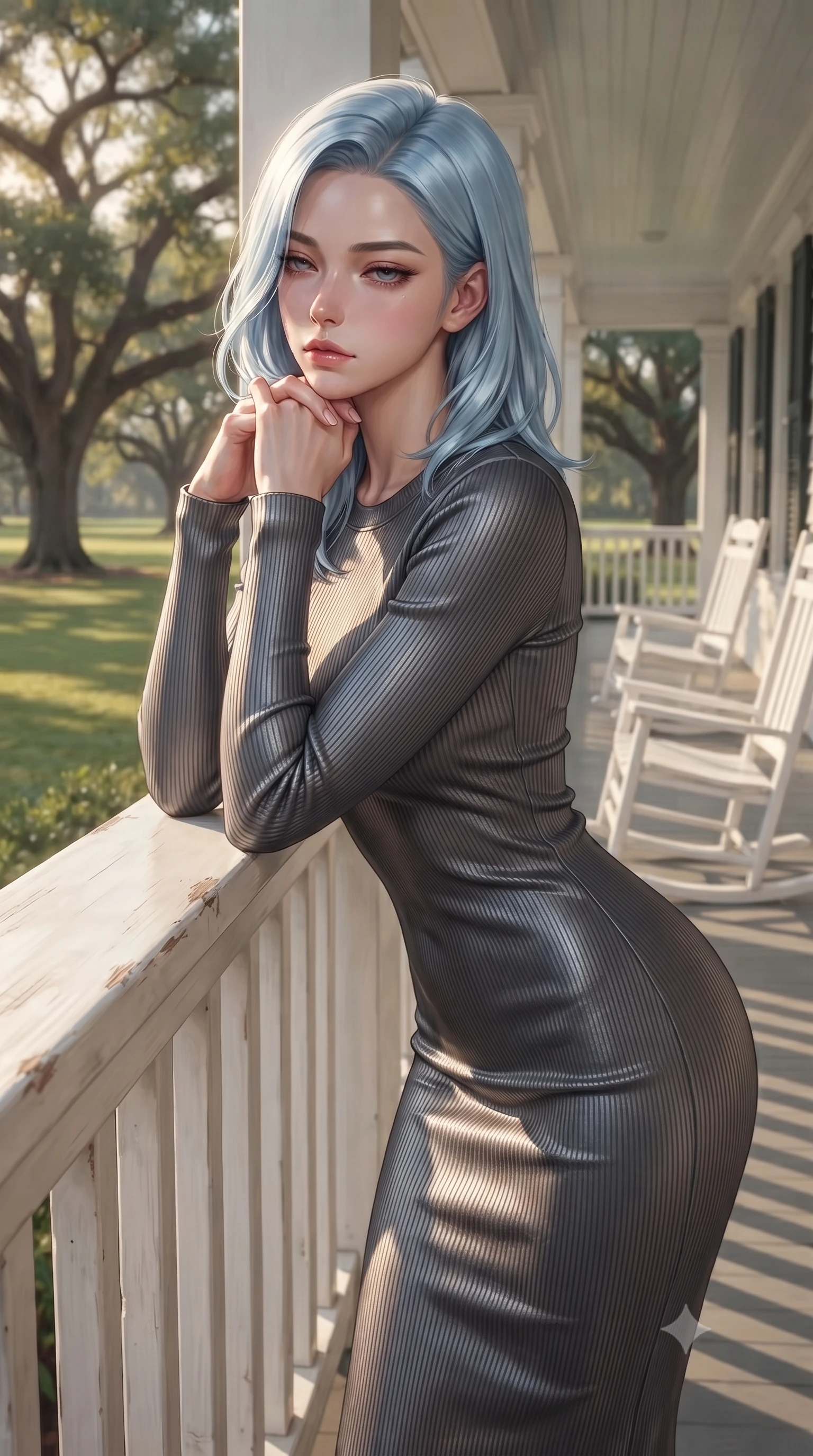 score_9, masterpiece, best quality, ultra-detailed, high-budget anime keyframe, editorial fashion photography, tasteful artistic composition, Korean woman woman. close-up cowboy shot from the waist and thighs up, the character dominates the composition, filling the frame with her large presence, background elements kept in soft focus. resting her chin on the backs of her fingers, casting a heavy-lidded, sultry look past the camera the background shows a soft-focus a wide white veranda with rocking chairs, overlooking a large green lawn with oak trees. She has an exceptionally elegant, slender, and willowy female figure with an ultra-slim waist, a gracefully sculpted slender torso, and a refined silhouette. sharp v-shaped jawline, high-bridge nose, intricate jewel-like eyes with depth, thick eyelashes, glossy lips with a natural sheen. wearing a tailored form-contouring ribbed bodycon midi dress in charcoal grey with long sleeves. soft late afternoon sunbeams casting a nostalgic, peaceful glow. ultra-reflective glossy finish, specular highlights, metallic sheen, high-contrast stereoscopic depth, volumetric dynamic lighting, 2k, ultra detail, master piece, 9:16 ratio