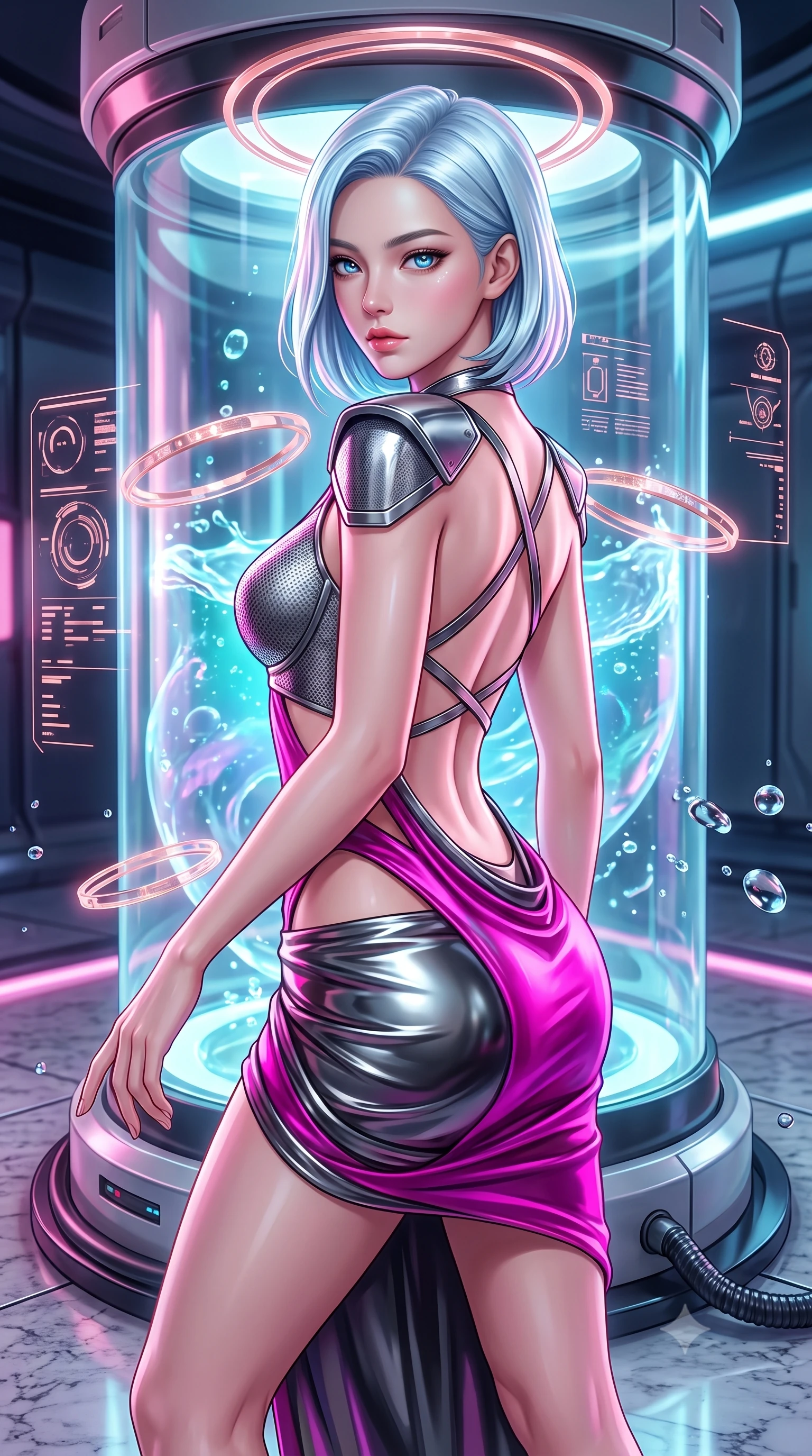 score_9, masterpiece, best quality, ultra-detailed, high-budget anime keyframe, semi-realistic 3D game render, editorial fashion photography, tasteful artistic composition, Korean woman. close-up cowboy shot from the waist and thighs up, the character dominates the composition, filling the frame with her large presence. gazing forward with divine sovereign poise, captivating jewel-like eyes shining with transcendent luminescence and alluring grace while pivoting dynamically beside the curved glass incubator as floating rose-gold holographic ring halos align around her. The surrounding environment is rendered in vivid detail and crisp panoramic clarity. sharp holographic halo interface glyphs, quartz floor grain, and fluid droplet beads in high clarity. She has an exceptionally elegant, slender, and willowy female figure with an ultra-slim waist, a gracefully sculpted slender torso, toned flat midriff, and a refined slim silhouette. sharp v-shaped jawline, high-bridge nose, intricate jewel-like eyes with depth, thick eyelashes, glossy lips with a natural sheen, flawlessly proportioned anatomical accuracy, strict slender model proportions, natural body alignment, perfectly sculpted long slender limbs, ultra-slim waistline, clean dynamic posture without body distortion. wearing a structured titanium-mesh bustier with geometric shoulder pauldrons and an ultra-slender liquid jersey drape in vibrant electric magenta and ultra-reflective dark titanium, made of liquid jersey fabric that clings flawlessly to every contour of her build, complemented by criss-cross back straps highlighting her completely bare spine, the precision-cut daring openings accentuating her delicate midriff, graceful bare collarbones, and ultra-slim feminine waistline. illuminated by sparkling fluid droplet refractions and crisp specular highlights tracing her slender curves. rich saturated anime colors with glowing neon highlights, detailed shading with soft gradients, rich glossy textures, high-contrast stereoscopic depth, volumetric dynamic lighting, master piece, 9:16 ratio