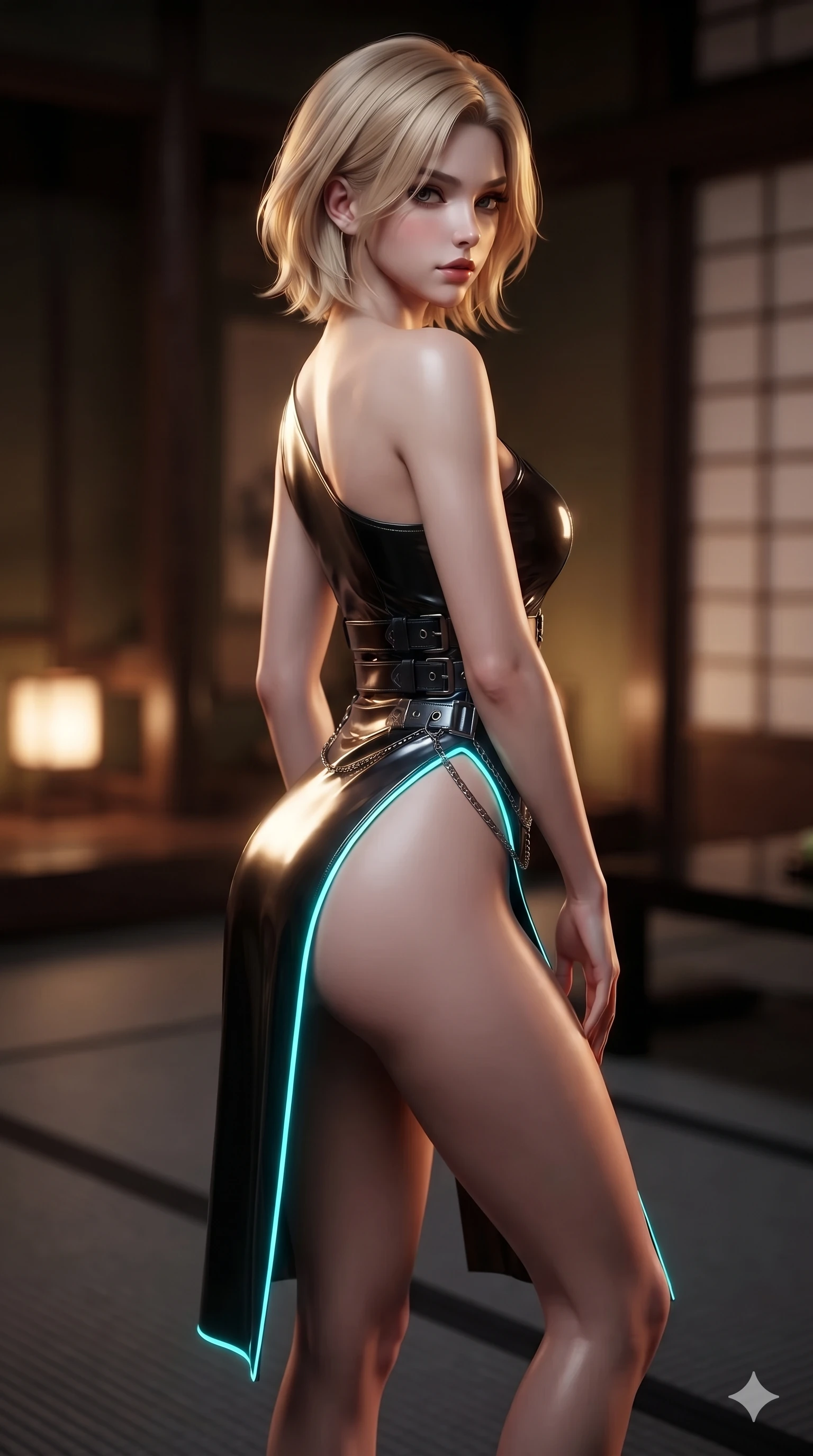 score_9, masterpiece, best quality, ultra-detailed, high-budget anime keyframe, editorial fashion photography, tasteful artistic composition, Caucasian woman. close-up cowboy shot from the waist and thighs up, the character dominates the composition, filling the frame with her large presence. posing in an alluring rear three-quarter angle, turning over a bare shoulder with an intoxicating, smoldering gaze while sliding smoothly across the charcoal tatami with feline poise, her long slender legs and curvy hourglass hips commanding the frame. The background shows a soft-focus exclusive Kyoto dark tea pavilion softened in intimate sanctuary shallow focus. She has an exceptionally elegant, slender, and willowy female figure with an ultra-slim waist, flat toned midriff, narrow ribcage, and sculpted feminine hips creating an alluring, slim hourglass silhouette without bulk. sharp v-shaped jawline, high-bridge nose, intricate jewel-like dark sparkling eyes with hypnotic seductive depth, thick curled eyelashes, glossy parted lips with a natural wine sheen, alluring bedroom-eyes with an enigmatic smoldering smile, exuding magnetic sovereign charisma and dark avant-garde glamour, flawlessly proportioned anatomical accuracy, strict slender model proportions, natural body alignment, perfectly sculpted long slender limbs, ultra-slim waistline, clean dynamic posture without body distortion. wearing an asymmetric one-shoulder metallic patent leather mini dress with a dramatic side slit hugging her hips in neon cyan edge-glow and dark carbon black, tailored from soft dark satin with subtle light-absorbing depth, framed by dark titanium buckles and silver chain details, the form-fitting cut adhering flawlessly to her sculpted flat midriff and slender torso, emphasizing her long leg lines and perfectly proportioned willowy build. illuminated by black lacquer table surface bounce and sharp warm-gold rim lights sculpting her razor-sharp jawline, narrow waist, and curvy hips. ultra-reflective glossy finish, specular highlights, metallic sheen, high-contrast stereoscopic depth, volumetric dynamic lighting, 2k, ultra detail, master piece, 9:16 ratio