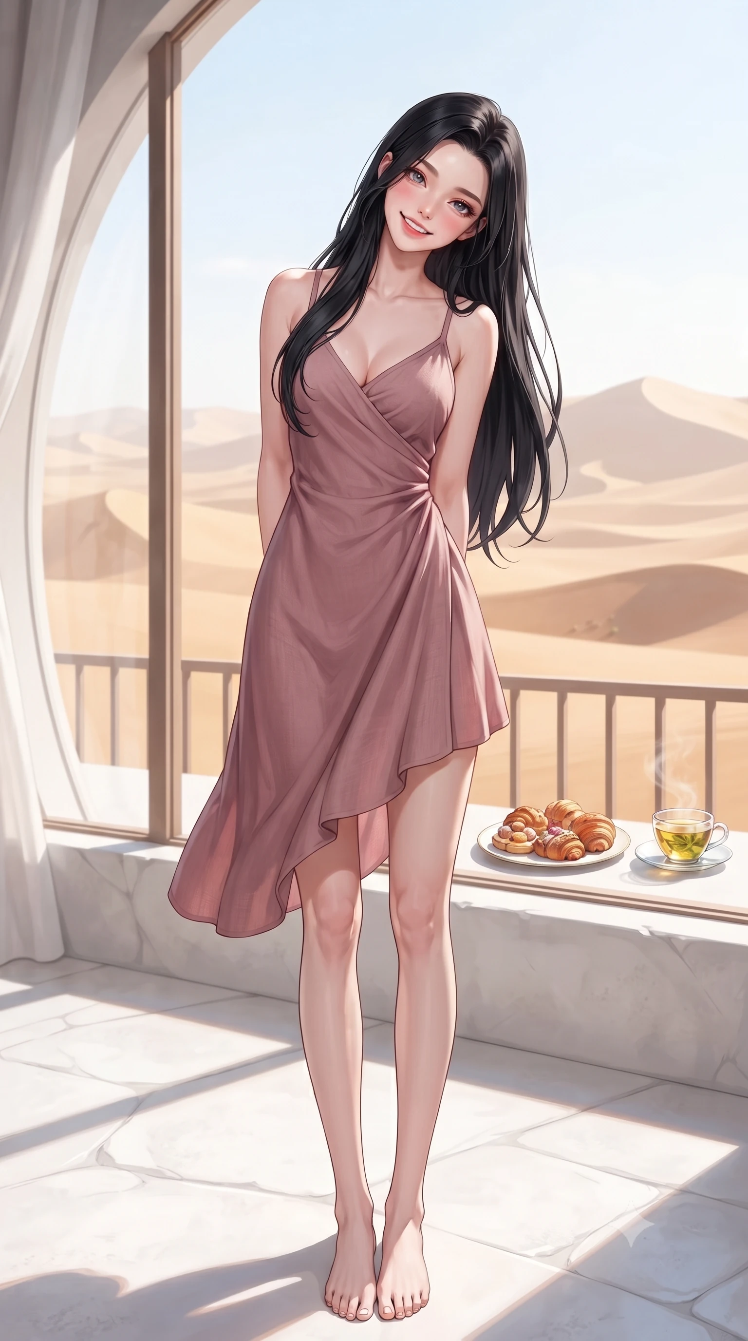 score_9, masterpiece, best quality, ultra-detailed, high-budget anime keyframe, editorial fashion photography, tasteful artistic composition, Korean woman. low angle full-body shot from head to toe showing her feet, filling the entire 9:16 vertical frame with her statuesque presence, stretching her vertical silhouette. standing with a cute, bright pose, tilting her head with a beaming smile set against a soft-focus background of inside a luxury dome resort room with a large panoramic window showing sand dunes with a plate of fresh pastries and a cup of herbal tea on the balcony railing. She has an absolutely perfect, statuesque 8.5-heads proportion, an exceptionally tall and slender model-like female figure with impossibly long slender legs and an ultra-slim waist. sharp v-shaped jawline, high-bridge nose, intricate jewel-like eyes with depth, thick eyelashes, glossy lips with a natural sheen. wearing slim-fit flowy linen sundress in dusty rose, draped softly and comfortably. bright midday sun casting crisp, clean shadows on the white stone deck. highly saturated vibrant anime colors, detailed shading with soft gradients, rich glossy textures, high-contrast stereoscopic depth, volumetric dynamic lighting, master piece, 9:16 ratio