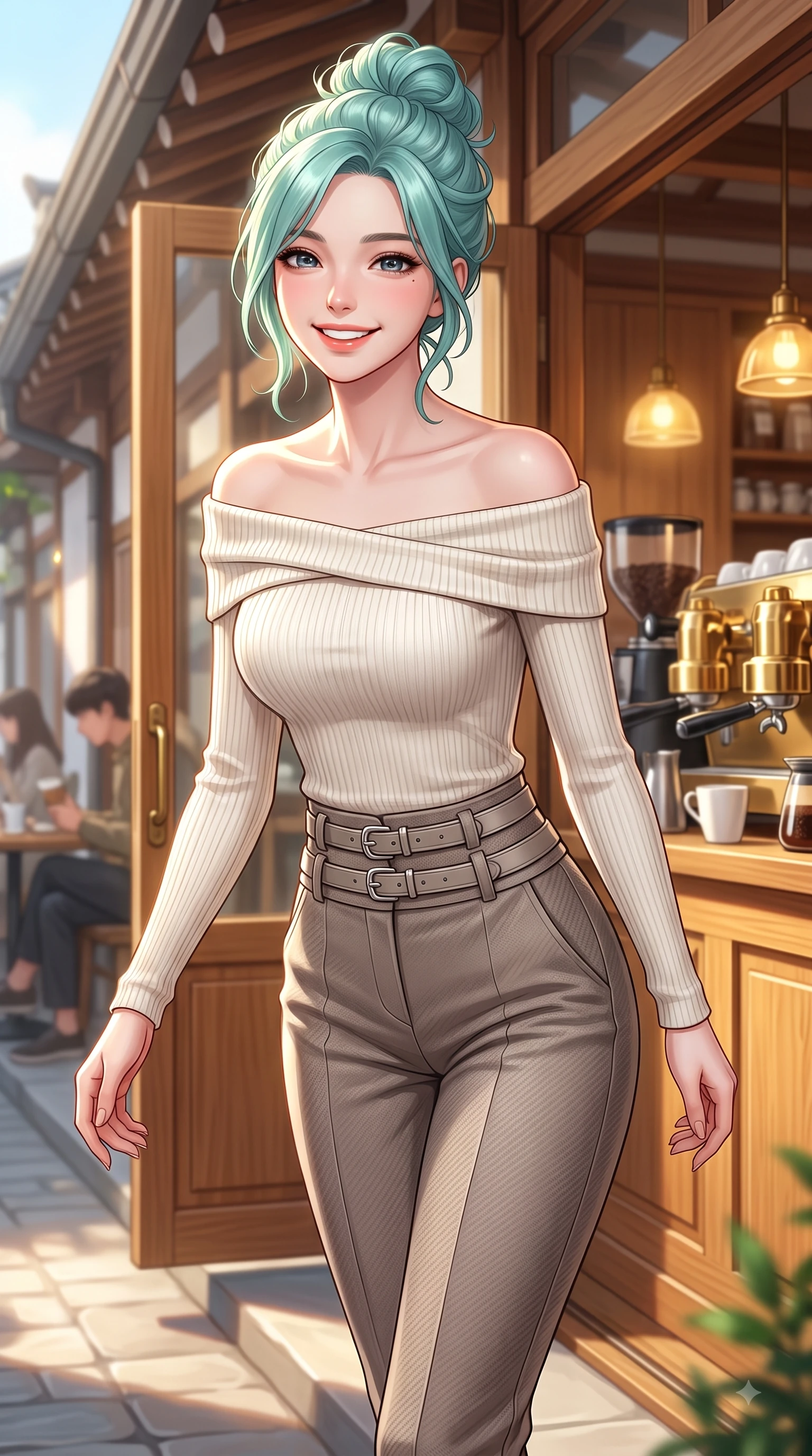 score_9, masterpiece, best quality, ultra-detailed, high-budget anime keyframe, editorial fashion photography, tasteful artistic composition, Japanese woman. close-up cowboy shot from the waist and thighs up, the character dominates the composition, filling the frame with her large presence, background elements kept in soft focus. Cheerful beaming smile with sparkling eyes and a fresh girlhood aura, leaning forward with playful grace while stepping along a quiet Hanok alley lined with artisanal coffee shops under warm sunlight, warm oak wood interior and brass coffee machines reflecting soft golden ambient lamps. She has an exceptionally elegant, slender, and willowy female figure with an ultra-slim waist, a gracefully sculpted slender torso, and a refined silhouette. sharp v-shaped jawline, high-bridge nose, intricate jewel-like eyes with depth, thick eyelashes, glossy lips with a natural sheen, flawlessly proportioned anatomical accuracy, natural body alignment, perfectly sculpted elegant limbs, clean dynamic posture without body distortion. wearing a sleek off-shoulder ribbed knit top paired with high-waist tailored pants in muted taupe and soft ivory, made of fine carbon-fiber weave and soft matte leather, detailed with polished silver buckles along the waistline, the elegant draped fit framing her graceful clavicle and slender torso. surrounded by a cozy, intimate, and relaxing cafe atmosphere. highly saturated vibrant anime colors, detailed shading with soft gradients, rich glossy textures, high-contrast stereoscopic depth, volumetric dynamic lighting, master piece, 9:16 ratio