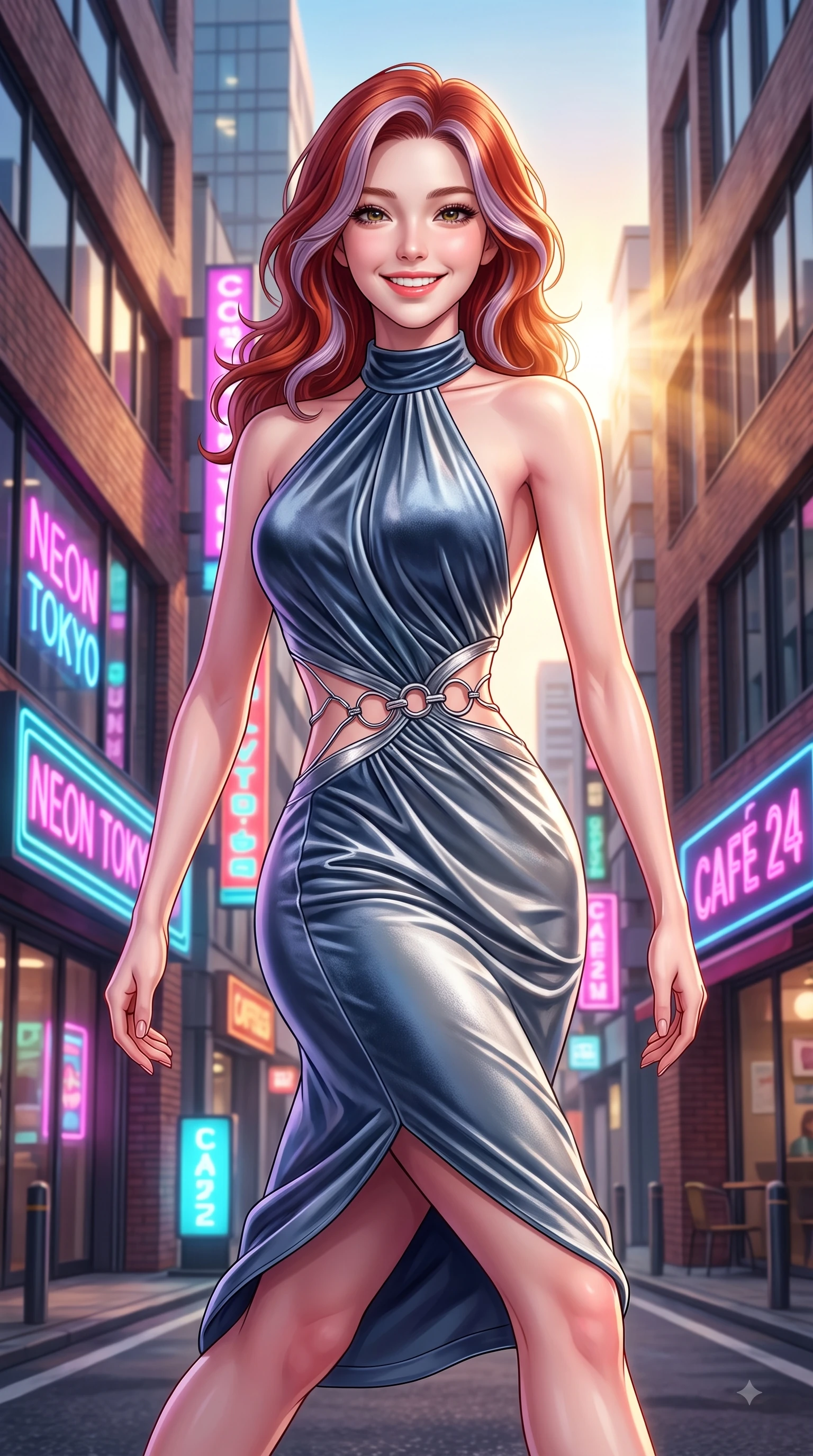score_9, masterpiece, best quality, ultra-detailed, high-budget anime keyframe, editorial fashion photography, tasteful artistic composition, Caucasian woman. close-up cowboy shot from the waist and thighs up, the character dominates the composition, filling the frame with her large presence, background elements kept in soft focus. Gazing directly into the camera with a fresh, infectious smile as her torso curves dynamically in mid-stride while pivoting in a stylish stride under neon shop signs as urban sunbeams illuminate her cute smile, warm golden hour sunbursts filtering between modern brick buildings. She has an exceptionally elegant, slender, and willowy female figure with an ultra-slim waist, a gracefully sculpted slender torso, and a refined silhouette. sharp v-shaped jawline, high-bridge nose, intricate jewel-like eyes with depth, thick eyelashes, glossy lips with a natural sheen, flawlessly proportioned anatomical accuracy, natural body alignment, perfectly sculpted elegant limbs, clean dynamic posture without body distortion. wearing a velvet halter-neck midi dress following her form like a glove in slate blue and metallic silver, crafted from lustrous satin jersey with fluid draping, accented with delicate chrome ring hardware framing her waist, the form-contouring material highlighting her ultra-slim waist and long lines. illuminated by vibrant neon shop signs and crisp clear afternoon key light. highly saturated vibrant anime colors, detailed shading with soft gradients, rich glossy textures, high-contrast stereoscopic depth, volumetric dynamic lighting, master piece, 9:16 ratio