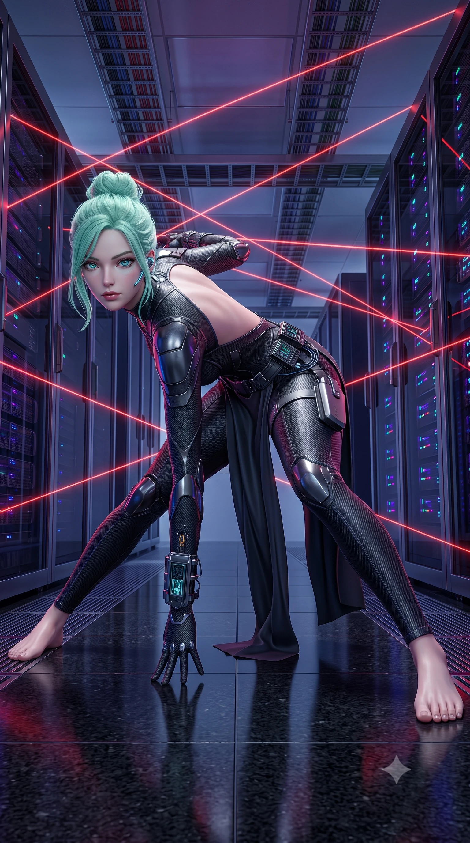 score_9, masterpiece, best quality, ultra-detailed, high-budget anime keyframe, semi-realistic 3D game render, editorial fashion photography, tasteful artistic composition, Japanese woman. low angle full-body shot from head to toe showing her feet, filling the entire 9:16 vertical frame with her statuesque presence, stretching her vertical silhouette. pivoting dynamically with supreme athletic balance and poise, her impossibly long slender legs creating a breathtaking line while pivoting dynamically across the polished black granite floor, one hand planted as lasers criss-cross inches above her back. The surrounding environment is rendered in vivid detail and crisp panoramic clarity. detailed tactical bodysuit seams, electronic keycard bypass devices, and data cables in high resolution. She has an absolutely perfect, statuesque 8.5-heads proportion, an exceptionally tall and slender model-like female figure with impossibly long slender legs, a toned flat midriff, and an ultra-slim waist. sharp v-shaped jawline, high-bridge nose, intricate jewel-like eyes with depth, thick eyelashes, glossy lips with a natural sheen, captivating and magnetic expression, flawlessly proportioned anatomical accuracy, strict slender model proportions, natural body alignment, perfectly sculpted long slender limbs, ultra-slim waistline, clean dynamic posture without body distortion. wearing an undercover operative tailored backless evening catsuit with concealed gadget pockets in deep battle-scarred carbon weave and dark chrome, tailored from fluid silk crepe with inner ballistic reinforcement, equipped with a minimalist titanium leg holster and smart holographic earpiece, the breezy yet form-flattering drape swaying gracefully with her steps, accentuating her long willowy limbs and slim waistline. bathed in dramatic intersecting red laser beam illumination and cool blue server indicator glow. highly saturated vibrant anime colors, detailed shading with soft gradients, rich glossy textures, high-contrast stereoscopic depth, volumetric dynamic lighting, master piece, 9:16 ratio