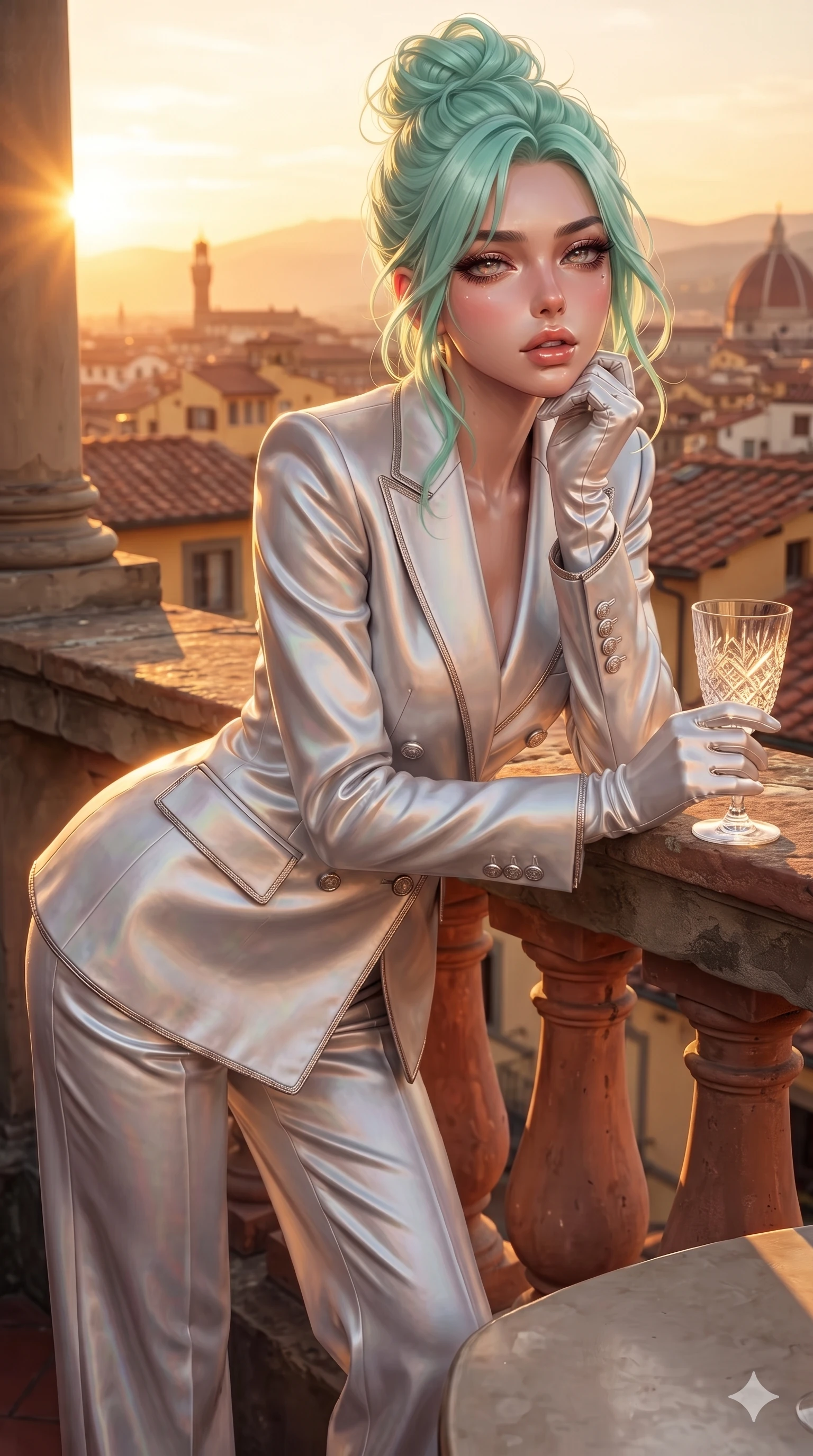 score_9, masterpiece, best quality, ultra-detailed, high-budget anime keyframe, editorial fashion photography, tasteful artistic composition, Japanese woman. close-up cowboy shot from the waist and thighs up, the character dominates the composition, filling the frame with her large presence. resting one elbow on the table and supporting her chin, leaning close to the camera with heavy-lidded sparkling eyes and parted lips while leaning against the terracotta loggia balustrade, arching her lower back as golden Tuscan sunset washes over the iconic Florence terracotta rooftops. The surrounding environment is rendered in vivid detail and crisp panoramic clarity: detailed dress tailoring, delicate metallic trim, and ancient Florentine masonry in high resolution. She has an exceptionally elegant, slender, and willowy female figure with an ultra-slim waist, flat toned midriff, narrow ribcage, and sculpted feminine hips creating an alluring, slim hourglass silhouette without bulk. sharp v-shaped jawline, high-bridge nose, intricate jewel-like eyes with depth, thick eyelashes, glossy parted lips with a natural sheen, intensely captivating and seductive bedroom-eyes expression, flawlessly proportioned anatomical accuracy, strict slender model proportions, natural body alignment, perfectly sculpted long slender limbs, ultra-slim waistline, clean dynamic posture without body distortion. wearing a bespoke tailored satin pantsuit with a double-breasted structured blazer and pressed wide-leg trousers in iridescent mother-of-pearl and liquid molten silver, crafted from bespoke double-faced cashmere with an exceptionally soft tactile finish, accessorized with opera-length satin gloves and a vintage crystal glass, the bespoke structured tailoring following the natural line of her 8.5-heads silhouette with refined elegance. bathed in the glowing 2800K golden hour radiance of the Tuscan sun reflecting off warm stone parapets. ultra-reflective glossy finish, specular highlights, rich textural contrasts, high-contrast stereoscopic depth, volumetric dynamic lighting, 2k, ultra detail, master piece, 9:16 ratio