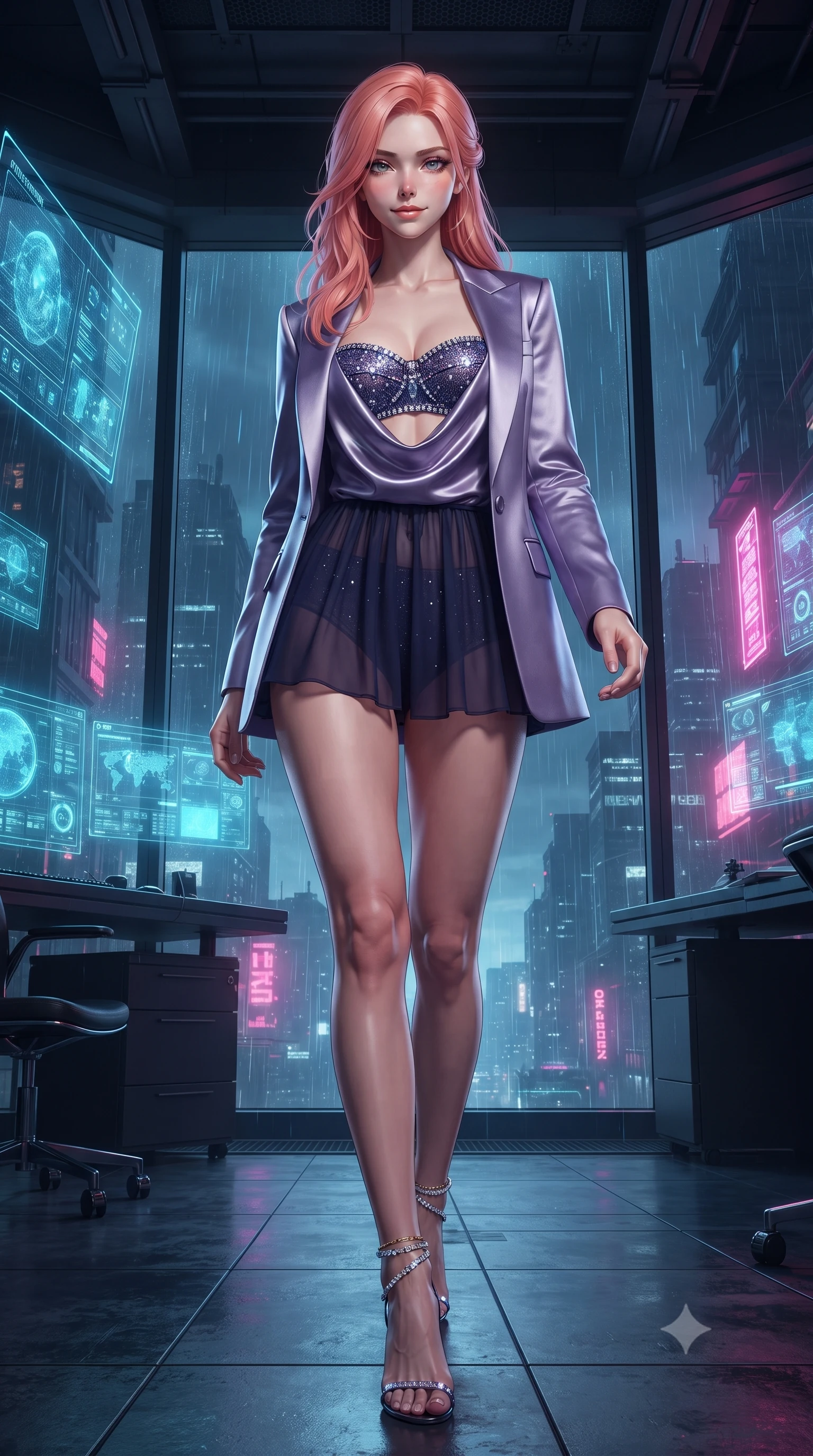 score_9, masterpiece, best quality, ultra-detailed, high-budget anime keyframe, editorial fashion photography, tasteful artistic composition, Japanese woman. low angle full-body shot from head to toe showing her feet, filling the entire 9:16 vertical frame with her statuesque presence, stretching her vertical silhouette. stepping slowly toward the camera with hypnotic grace, hips swaying in an alluring sensual rhythm that accentuates her curvy hourglass silhouette and long slender legs while twisting her slender torso in an alluring contrapposto stance, glowing holographic surveillance screens and neon rain tracing her curves. The surrounding environment is rendered in vivid detail and crisp panoramic clarity: detailed plunging cowl-neck liquid satin slip cling, gold ankle chain shine, and industrial penthouse architecture in razor-sharp precision. She has an absolutely perfect, statuesque 8.5-heads proportion, an exceptionally tall and slender model-like female figure with impossibly long slender legs, an ultra-slim waist, a flat toned midriff, narrow delicate ribcage, and beautifully sculpted feminine hips creating a graceful, slim hourglass silhouette without any bulky heaviness. sharp v-shaped jawline, high-bridge nose, sparkling eyes with hypnotic seductive depth, thick curled eyelashes, glossy parted lips with a natural dewy peach sheen, alluring bedroom-eyes with an enchanting coquettish smile, exuding magnetic siren charisma and sophisticated glamour, flawlessly proportioned anatomical accuracy, strict slender model proportions, natural body alignment, perfectly sculpted long slender limbs, ultra-slim waistline, clean dynamic posture without body distortion. wearing a tailored open-front satin smoking jacket worn over a jewel-embellished bandeau and micro-shorts in twilight lavender and midnight indigo, made of sheer gossamer chiffon that drapes softly against skin with airy translucence, complemented by strappy stiletto sandals with crystal ankle wraps accentuating her slender calves, the precision-cut side openings and low-back scoop framing her graceful spine and the sensual sweep of her slim, toned hips. bathed in moody chiaroscuro lighting spilling from glowing holographic displays and exterior city neon. ultra-reflective glossy finish, specular highlights, rich textural contrasts, high-contrast stereoscopic depth, volumetric dynamic lighting, 2k, ultra detail, master piece, 9:16 ratio