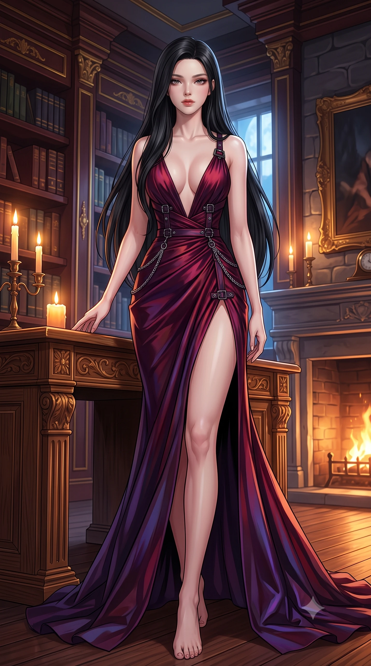 score_9, masterpiece, best quality, ultra-detailed, high-budget anime keyframe, editorial fashion photography, tasteful artistic composition, Korean woman. low angle full-body shot from head to toe showing her feet, filling the entire 9:16 vertical frame with her statuesque presence, stretching her vertical silhouette. stepping gracefully through the luxurious environment, stretching her statuesque silhouette, leaning against a heavy carved oak desk lit by flickering amber candles, deep mahogany bookshelves creating rich dark brown and gold background tones. She has an absolutely perfect, statuesque 8.5-heads proportion, an exceptionally tall and slender model-like female figure with impossibly long slender legs and an ultra-slim waist. sharp v-shaped jawline, high-bridge nose, intricate jewel-like eyes with depth, thick eyelashes, glossy lips with a natural sheen. wearing deep plunging V-neckline midnight gown with daring high thigh slit in deep crimson burgundy, made of iridescent dark violet taffeta, framed by dark titanium buckles and silver chain details, following her slender form with tailored precision. illuminated by warm orange firelight radiating from the stone hearth. highly saturated vibrant anime colors, detailed shading with soft gradients, rich glossy textures, high-contrast stereoscopic depth, volumetric dynamic lighting, master piece, 9:16 ratio