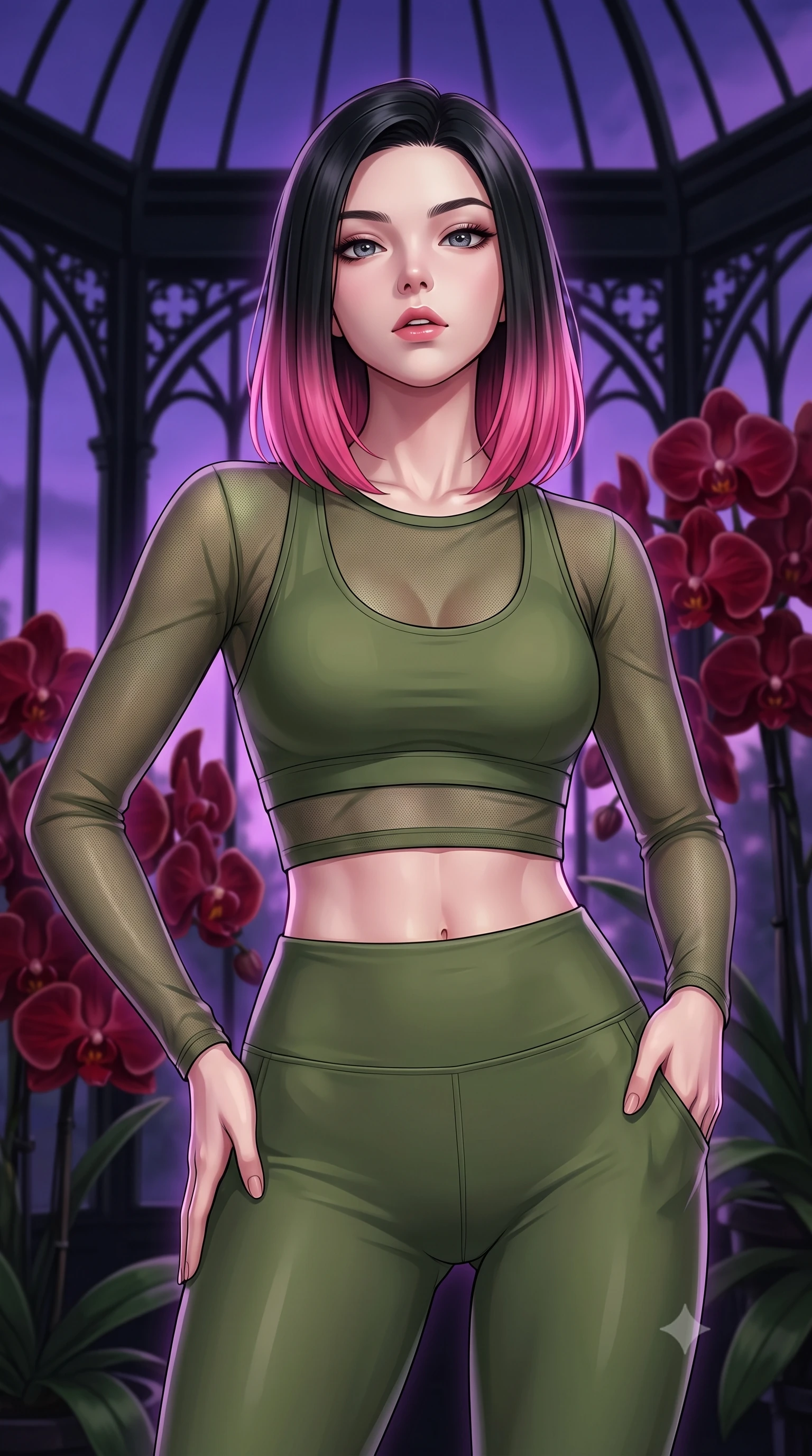 score_9, masterpiece, best quality, ultra-detailed, high-budget anime keyframe, editorial fashion photography, tasteful artistic composition, Korean woman. close-up cowboy shot from the waist and thighs up, the character dominates the composition, filling the frame with her large presence, background elements kept in soft focus. tilting her chin up slightly with lips parted in a composed, provocative expression the background shows a soft-focus a gothic conservatory with black iron framework and dark red orchid blooms. She has an exceptionally elegant, slender, and willowy female figure with an ultra-slim waist, a gracefully sculpted slender torso, and a refined silhouette. sharp v-shaped jawline, high-bridge nose, intricate jewel-like eyes with depth, thick eyelashes, glossy lips with a natural sheen. wearing a form-contouring sheer mesh long-sleeve crop top in olive green, worn over a matching sports bra and leggings. deep violet twilight sky glow wrapping her silhouette. highly saturated vibrant anime colors, detailed shading with soft gradients, rich glossy textures, high-contrast stereoscopic depth, volumetric dynamic lighting, master piece, 9:16 ratio