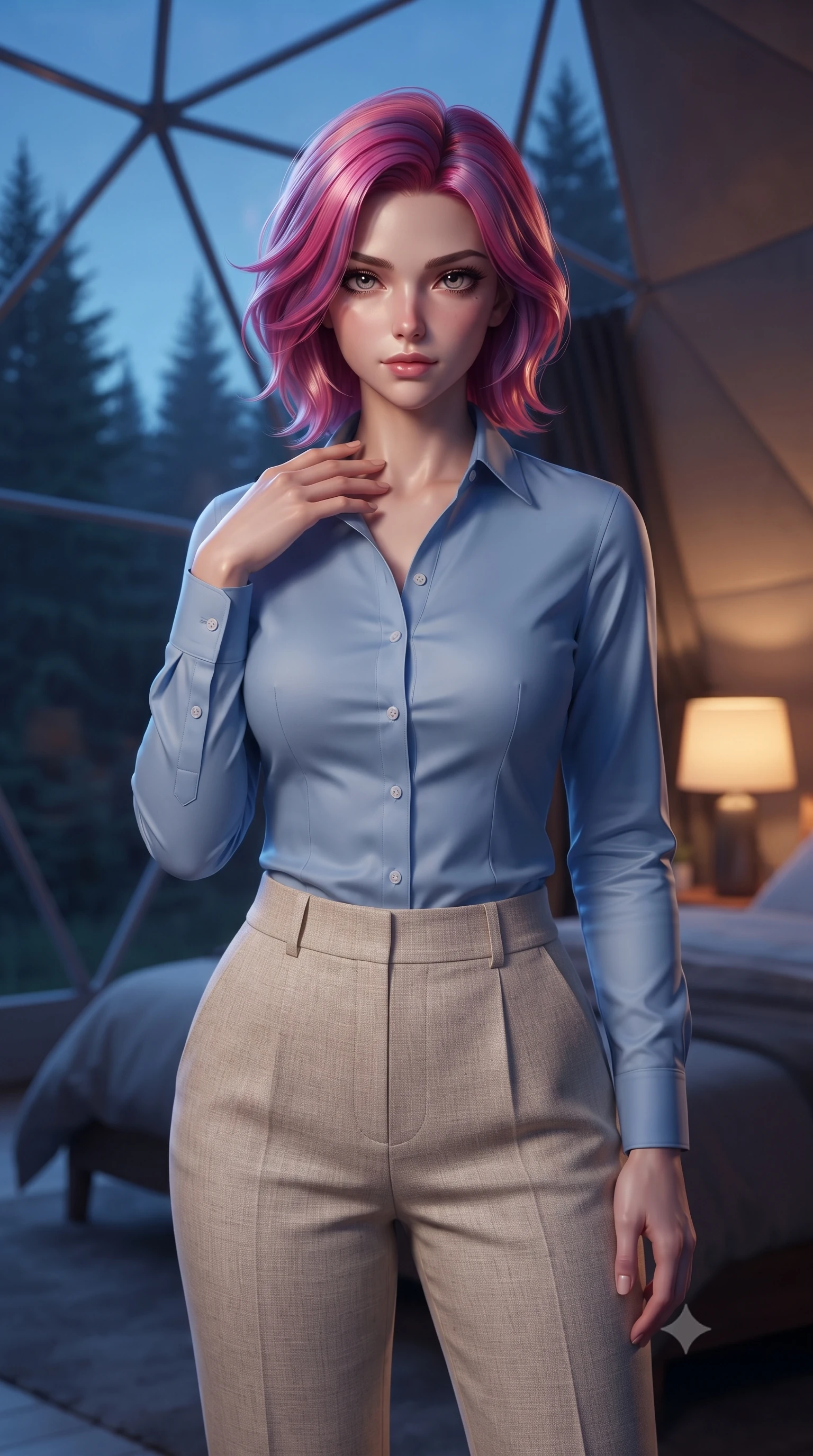 score_9, masterpiece, best quality, ultra-detailed, high-budget anime keyframe, editorial fashion photography, tasteful artistic composition, Caucasian woman. close-up cowboy shot from the waist and thighs up, the character dominates the composition, filling the frame with her large presence, background elements kept in soft focus. standing with one hand resting on her collarbone, looking at the viewer with bedroom-eyes the background shows a soft-focus the interior of a modern geodesic dome tent with panoramic views of a pine forest. She has an exceptionally elegant, slender, and willowy female figure with an ultra-slim waist, a gracefully sculpted slender torso, and a refined silhouette. sharp v-shaped jawline, high-bridge nose, intricate jewel-like eyes with depth, thick eyelashes, glossy lips with a natural sheen. wearing a slim-fit tailored sky blue button-down shirt tucked into high-waisted beige linen trousers. cool blue twilight sky glow contrasting with the warm amber glow of a bedside lamp. ultra-reflective glossy finish, specular highlights, metallic sheen, high-contrast stereoscopic depth, volumetric dynamic lighting, 2k, ultra detail, master piece, 9:16 ratio
