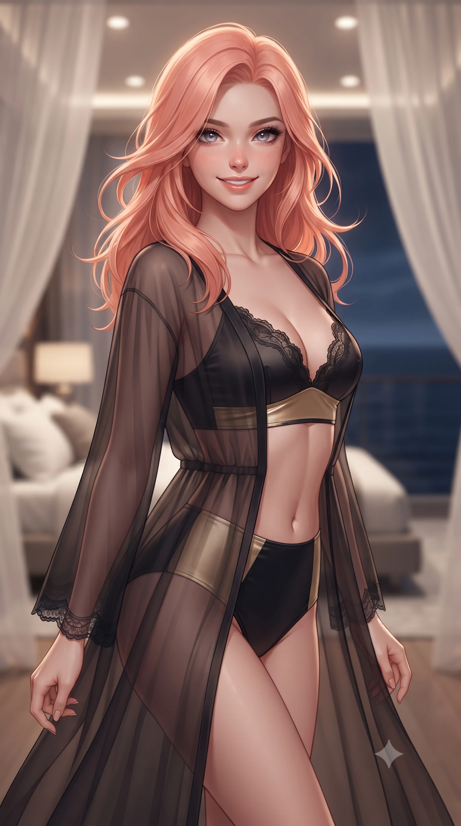 score_9, masterpiece, best quality, ultra-detailed, high-budget anime keyframe, editorial fashion photography, tasteful artistic composition, Japanese woman. close-up cowboy shot from the waist and thighs up, the character dominates the composition, filling the frame with her large presence. turning slowly with an enchanting smoldering smile, her glossy hair tossing in the breeze as her hips angle gracefully in a captivating contrapposto while standing on the private teak balcony folded out directly from the master bedroom over the sea, arching her back with intimate luxury allure. The background shows a soft-focus floating sheer white organza curtains, king-size floating stateroom bed, and dark ocean horizon blurred into ivory, navy, and champagne bokeh. She has an exceptionally elegant, slender, and willowy female figure with an ultra-slim waist, flat toned midriff, narrow ribcage, and sculpted feminine hips creating an alluring, slim hourglass silhouette without bulk. sharp v-shaped jawline, high-bridge nose, sparkling eyes with hypnotic seductive depth, thick curled eyelashes, glossy parted lips with a natural dewy peach sheen, alluring bedroom-eyes with an enchanting coquettish smile, exuding magnetic siren charisma and sophisticated glamour, flawlessly proportioned anatomical accuracy, strict slender model proportions, natural body alignment, perfectly sculpted long slender limbs, ultra-slim waistline, clean dynamic posture without body distortion. wearing a sheer organza kimono robe worn loose and slipping off bare shoulders over a matching satin bralette and high-waisted briefs in midnight obsidian black and liquid champagne gold, made of sheer gossamer chiffon that drapes softly against skin with airy translucence, finished with scalloped eyelash lace trim framing her sweetheart neckline with intimate elegance, the precision-cut side openings and low-back scoop framing her graceful spine and the sensual sweep of her slim, toned hips. bathed in warm 2800K recessed ceiling downlights spilling from the master suite mixed with cool sea moonbeam fill. ultra-reflective glossy finish, specular highlights, rich textural contrasts, high-contrast stereoscopic depth, volumetric dynamic lighting, 2k, ultra detail, master piece, 9:16 ratio