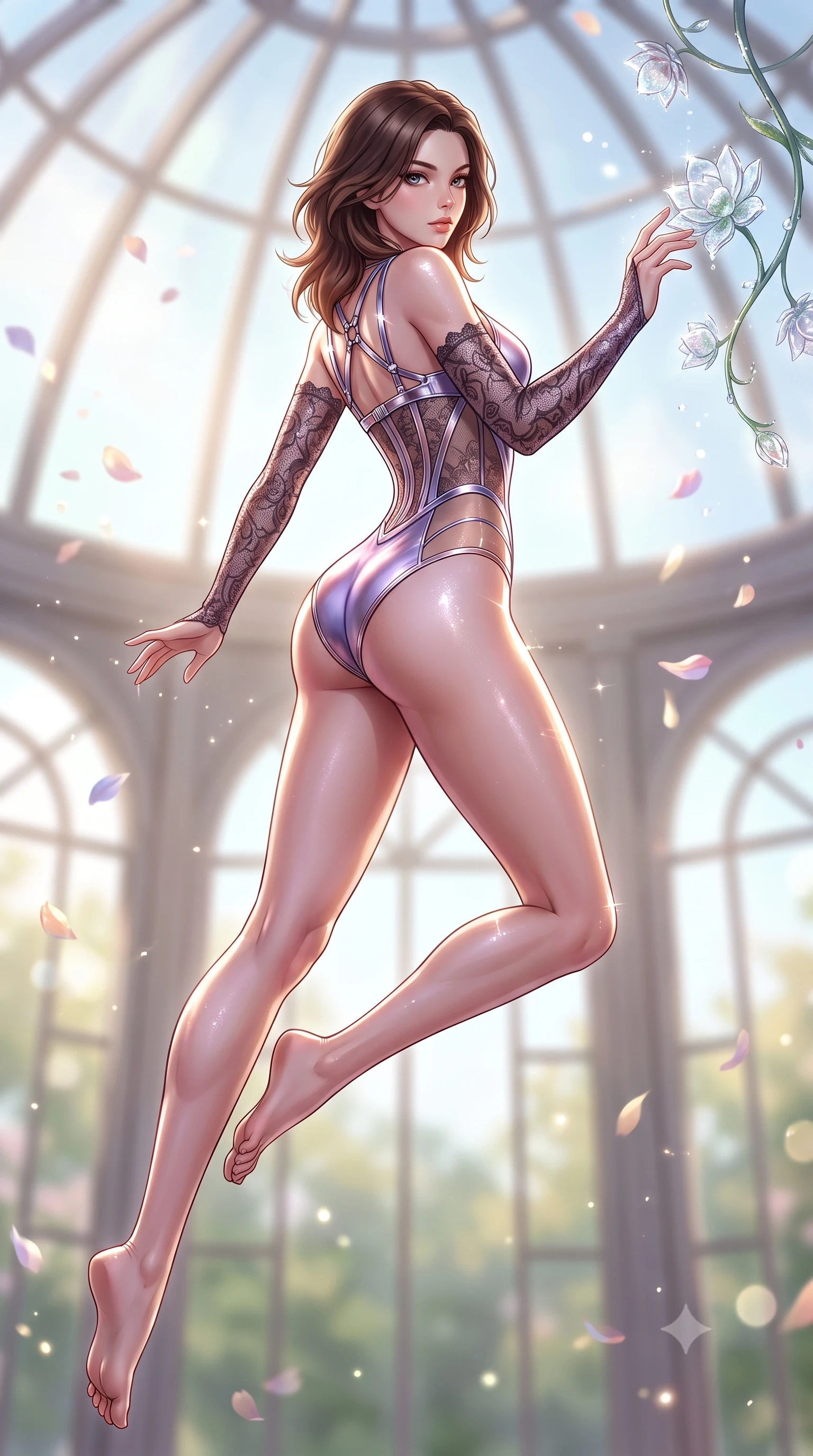score_9, masterpiece, best quality, ultra-detailed, high-budget anime keyframe, semi-realistic 3D game render, editorial fashion photography, tasteful artistic composition, Korean woman. low angle full-body shot from head to toe showing her feet, filling the entire 9:16 vertical frame with her statuesque presence, stretching her vertical silhouette. leaping through mid-air with an athletic yet alluring arch of her spine, her impossibly long slender legs stretched in flawless poise while reaching one arm out to touch a dewy glass blossom while looking over her shoulder with seductive poise. The composition keeps background elements in soft focus with creamy bokeh. sunlit glasshouse dome arches and floating flower petals softened in dreamy shallow depth of field. She has an absolutely perfect, statuesque 8.5-heads proportion, an exceptionally tall and slender model-like female figure with impossibly long slender legs, a toned flat midriff, and an ultra-slim waist. sharp v-shaped jawline, high-bridge nose, intricate jewel-like eyes with depth, thick eyelashes, glossy lips with a natural sheen, flawlessly proportioned anatomical accuracy, strict slender model proportions, natural body alignment, perfectly sculpted long slender limbs, ultra-slim waistline, clean dynamic posture without body distortion. wearing a sheer dark lace pattern bodysuit with structured corsetry boning, sheer contouring side panels, and detached lace sleeves in luminous lavender violet and rose gold, made of liquid metal jersey that clings flawlessly to every contour of her build, reinforced by a sleek metallic chrome harness and delicate glowing micro-straps, the sleek second-skin cut tightly hugging her graceful clavicle, narrow waist, and feminine curves with athletic precision. illuminated by fresh botanical ambient radiance and sparkling specular highlights tracing her curves. highly saturated vibrant anime colors, detailed shading with soft gradients, rich glossy textures, high-contrast stereoscopic depth, volumetric dynamic lighting, master piece, 9:16 ratio