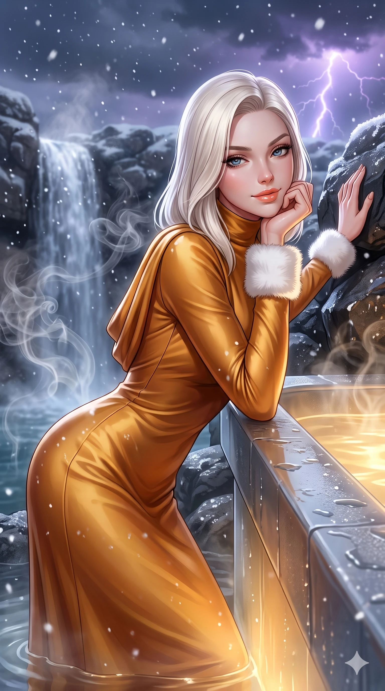 score_9, masterpiece, best quality, ultra-detailed, high-budget anime keyframe, semi-realistic 3D game render, editorial fashion photography, tasteful artistic composition, Caucasian woman. close-up cowboy shot from the waist and thighs up, the character dominates the composition, filling the frame with her large presence. resting one elbow on the acrylic tub ledge and supporting her chin, leaning close to the camera with heavy-lidded sparkling eyes and parted lips while standing tall beside the steaming mineral waterfall, one hand resting high on the wet basalt while arching her spine to emphasize her feminine hips. The surrounding environment is rendered in vivid detail and crisp panoramic clarity: intricate steam wisps curling in sub-zero air, glistening moisture on basalt boulders, and crisp falling snowflakes in razor-sharp detail. She has an exceptionally elegant, slender, and willowy female figure with an ultra-slim waist, flat toned midriff, narrow ribcage, and sculpted feminine hips creating an alluring, slim hourglass silhouette without bulk. sharp v-shaped jawline, high-bridge nose, sparkling eyes with hypnotic seductive depth, thick curled eyelashes, glossy parted lips with a natural dewy peach sheen, alluring bedroom-eyes with an enchanting coquettish smile, exuding magnetic siren charisma and sophisticated glamour, flawlessly proportioned anatomical accuracy, strict slender model proportions, natural body alignment, perfectly sculpted long slender limbs, ultra-slim waistline, clean dynamic posture without body distortion. wearing a luxurious long-sleeve liquid silk maxi dress with high turtleneck and graceful draped cowl back in warm amber honey and antique gold leaf, tailored from structured matte duchess satin with clean architectural drape, trimmed with plush white arctic fox faux-fur lining along the collar and cuffs, the bespoke structured tailoring following the natural line of her 8.5-heads silhouette with refined elegance. bathed in warm 3200K underwater tub illumination paired with sudden electric purple lightning flashes from passing clouds. highly saturated vibrant anime colors, detailed shading with soft gradients, rich glossy textures, high-contrast stereoscopic depth, volumetric dynamic lighting, master piece, 9:16 ratio