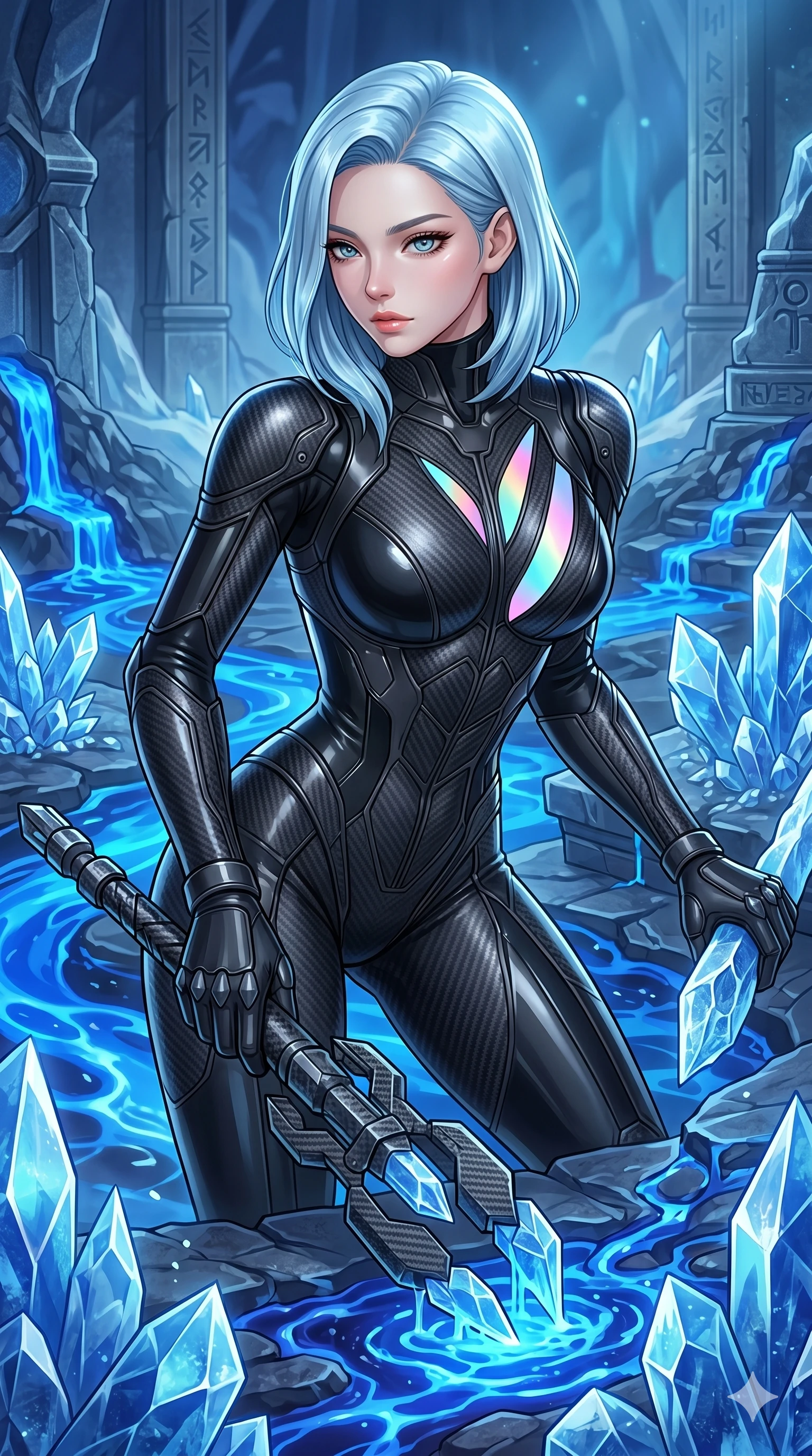 score_9, masterpiece, best quality, ultra-detailed, high-budget anime keyframe, Korean woman. upper body close-up from the thighs up, character filling the screen for maximum presence. forging in a prismatic ice-volcano temple where glowing cobalt-blue liquid magma flows between frozen blue ash crystals. She has an absolutely perfect 8-heads proportion, an exceptionally tall and slender female figure with impossibly long slender legs and an ultra-slim waist. V-shaped jawline, high-bridge nose, intricate jewel-like eyes with depth, thick eyelashes, glossy lips with a natural sheen.. wearing a second-skin carbon fiber combat suit, featuring matte carbon fiber and glossy latex panels with elegant slitted cutouts on the upper back. enhanced by a luminous pastel spectrum glow, casting elegant rim lights on her shoulders and jawline. 2k, ultra detail, master piece, 9:16 ratio