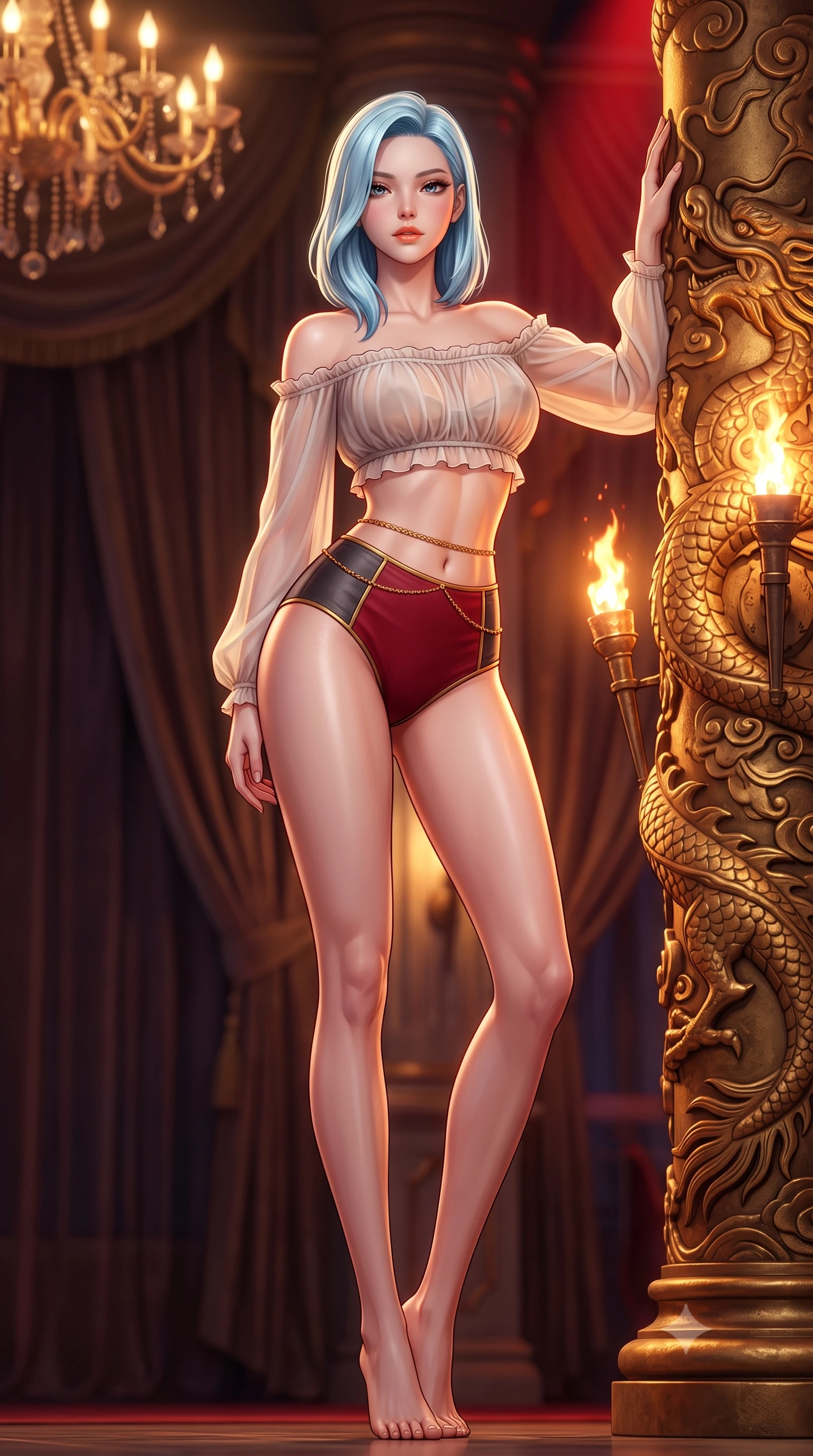 score_9, masterpiece, best quality, ultra-detailed, high-budget anime keyframe, semi-realistic 3D game render, editorial fashion photography, tasteful artistic composition, Korean woman. low angle full-body shot from head to toe showing her feet, filling the entire 9:16 vertical frame with her statuesque presence, stretching her vertical silhouette. standing tall beside the architectural column, one hand resting high while arching her lower back to emphasize her sculpted feminine hips and slender waist while twisting her slender torso in an alluring contrapposto stance beside the relief-carved golden dragon wall, torches illuminating her hourglass curves. The background shows a soft-focus heavy velvet salon portières softened in elite high-stakes shallow focus. She has an absolutely perfect, statuesque 8.5-heads proportion, an exceptionally tall and slender model-like female figure with impossibly long slender legs, an ultra-slim waist, a flat toned midriff, narrow delicate ribcage, and beautifully sculpted feminine hips creating a graceful, slim hourglass silhouette without any bulky heaviness. sharp v-shaped jawline, high-bridge nose, sparkling eyes with hypnotic seductive depth, thick curled eyelashes, glossy parted lips with a natural dewy peach sheen, alluring bedroom-eyes with an enchanting coquettish smile, exuding magnetic siren charisma and sophisticated glamour, flawlessly proportioned anatomical accuracy, strict slender model proportions, natural body alignment, perfectly sculpted long slender limbs, ultra-slim waistline, clean dynamic posture without body distortion. wearing an off-the-shoulder sheer peasant crop blouse with ruched neckline paired with tight high-waisted linen briefs in rich cherry lacquer and smoky charcoal with gold piping, woven from buttery-soft stretch lambskin leather adhering to her body like a second skin, accented with a dainty gold belly chain resting across her flat midriff and curving hips, the second-skin tailored fabric adhering flawlessly to her sculpted flat midriff and slender torso, emphasizing her long leg lines and perfectly proportioned willowy build. bathed in warm 2700K incandescent crystal chandelier radiance mixed with red accent spotlights. highly saturated vibrant anime colors, detailed shading with soft gradients, rich glossy textures, high-contrast stereoscopic depth, volumetric dynamic lighting, master piece, 9:16 ratio