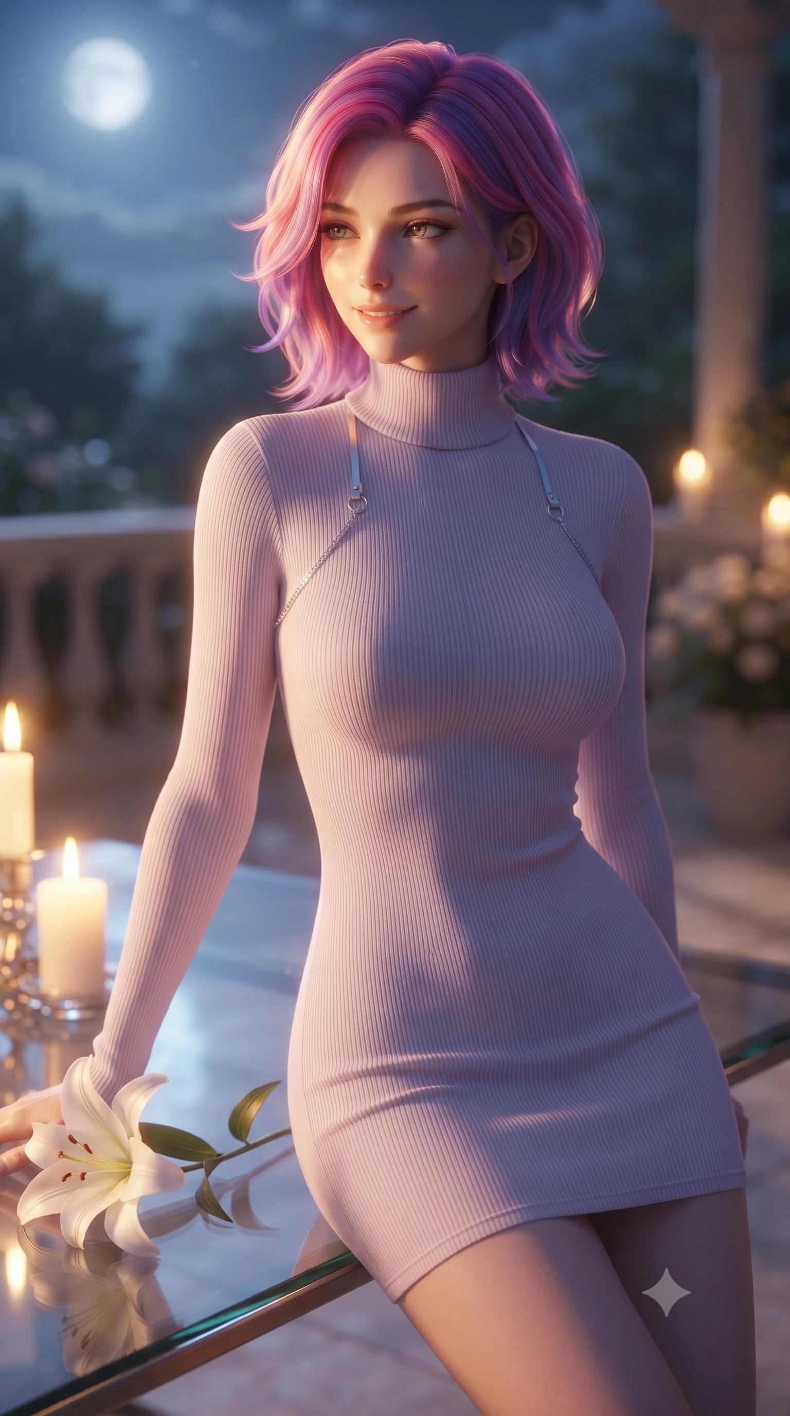 score_9, masterpiece, best quality, ultra-detailed, high-budget anime keyframe, editorial fashion photography, tasteful artistic composition, Caucasian woman. close-up cowboy shot from the waist and thighs up, the character dominates the composition, filling the frame with her large presence, background elements kept in soft focus. gazing past the camera with a dreamy, sensual smile, her face illuminated by warm candlelight set against a soft-focus background of inside an exclusive moonlit garden terrace with a single long-stemmed white lily resting against a polished glass surface. She has an exceptionally elegant, slender, and willowy female figure with an ultra-slim waist, a gracefully sculpted slender torso, and a refined silhouette. sharp v-shaped jawline, high-bridge nose, intricate jewel-like eyes with depth, thick eyelashes, glossy lips with a natural sheen. wearing body-hugging pale lavender semi-opaque chiffon form-fitting ribbed knit turtleneck dress outlining her slender silhouette accented with delicate silver hardware. bathed in warm golden hour sunbeams that cast long, romantic shadows across the floor. ultra-reflective glossy finish, specular highlights, metallic sheen, high-contrast stereoscopic depth, volumetric dynamic lighting, 2k, ultra detail, master piece, 9:16 ratio