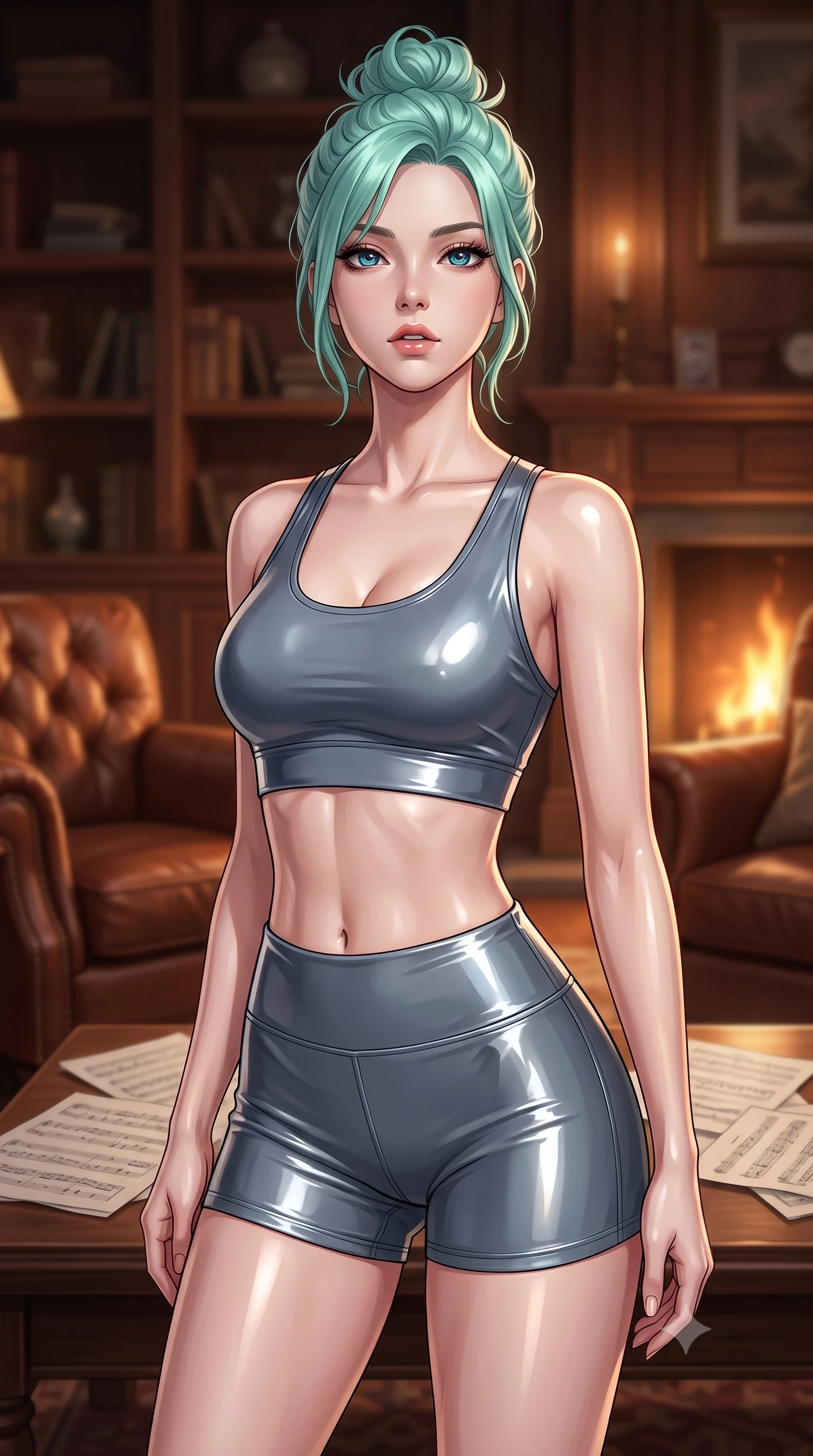 score_9, masterpiece, best quality, ultra-detailed, high-budget anime keyframe, editorial fashion photography, tasteful artistic composition, Japanese woman. close-up cowboy shot from the waist and thighs up, the character dominates the composition, filling the frame with her large presence, background elements kept in soft focus. tilting her chin up slightly with lips parted in a composed, provocative expression the background shows a soft-focus the private study of a theater director with leather chairs and music sheets. She has an exceptionally elegant, slender, and willowy female figure with an ultra-slim waist, a gracefully sculpted slender torso, and a refined silhouette. sharp v-shaped jawline, high-bridge nose, intricate jewel-like eyes with depth, thick eyelashes, glossy lips with a natural sheen. wearing a form-contouring body-hugging athletic crop top and high-waisted shorts set in slate grey. warm fireplace light casting cozy, intimate shadows on the wooden shelves. ultra-reflective glossy finish, specular highlights, metallic sheen, high-contrast stereoscopic depth, volumetric dynamic lighting, 2k, ultra detail, master piece, 9:16 ratio
