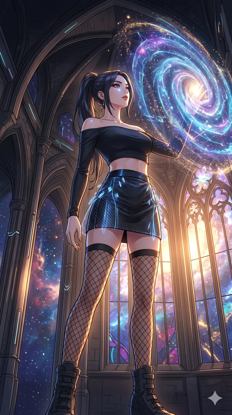 score_9, masterpiece, best quality, ultra-detailed, High-budget Anime Keyframe, vibrant colors, fluid line-art, expressive lighting, cinematic composition, Ufotable-style visual effects, top-tier animation quality, Korean woman with idol-like refined features. Dramatic low angle looking up at her majestic stature, dominating the vertical space of the composition. Scanning a massive 3D holographic map of the entire galaxy, her eyes reflecting the glow of thousands of stars. She has an absolutely perfect 8-heads proportion, an exceptionally tall and slender female figure with impossibly long slender legs and an ultra-slim waist, her statuesque height and towering silhouette dominating the vertical 9:16 frame. Her face is a masterpiece featuring a sharp v-shaped jawline, high-bridge nose, intricate jewel-like eyes with depth, thick eyelashes, and glossy lips with a natural sheen. She is wearing a Off-shoulder crop top paired with micro-skirts and thigh-high fishnet stockings crafted from Carbon-fiber weave with a high-tech matte finish and integrated glowing filaments, featuring a crystalline structure that catches the light and reveals her slender frame. The scene is set in a majestic gothic cathedral in deep space with massive windows overlooking a swirling nebula, illuminated by golden hour sunlight that gives her skin a warm, radiant glow. 2k, ultra detail, master piece, 9:16 ratio