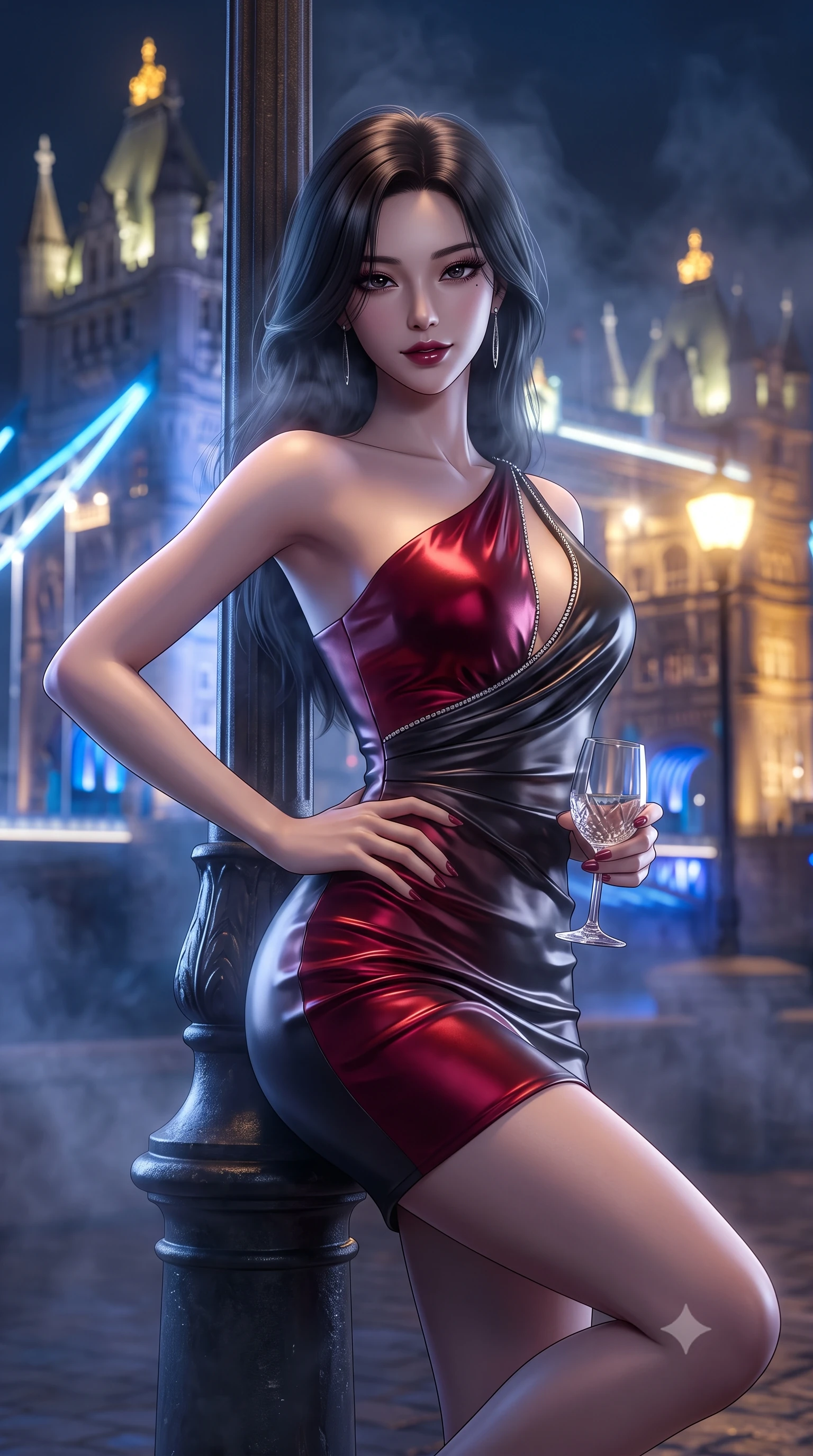 score_9, masterpiece, best quality, ultra-detailed, high-budget anime keyframe, editorial fashion photography, tasteful artistic composition, Korean woman. close-up cowboy shot from the waist and thighs up, the character dominates the composition, filling the frame with her large presence. twisting her slender torso in an alluring contrapposto stance, one hand resting on her sculpted hip while holding a crystal glass with effortless poise while leaning against a historic cast-iron lamppost with one knee bent, night mist drifting through her hair as her dark outfit traces her feminine curves. The composition keeps background elements in soft focus with dreamy creamy bokeh. the iconic gothic stone towers of Tower Bridge glowing in blue and gold through swirling night mist blurred into cobalt, topaz, and slate bokeh. She has an exceptionally elegant, slender, and willowy female figure with an ultra-slim waist, flat toned midriff, narrow ribcage, and sculpted feminine hips creating an alluring, slim hourglass silhouette without bulk. sharp v-shaped jawline, high-bridge nose, intricate jewel-like dark sparkling eyes with dangerous depth, thick curled eyelashes, glossy parted lips with a rich wine sheen, smoldering seductive half-smile with bedroom-eyes, exuding effortless superiority and intoxicating dark allure, flawlessly proportioned anatomical accuracy, strict slender model proportions, natural body alignment, perfectly sculpted long slender limbs, ultra-slim waistline, clean dynamic posture without body distortion. wearing an asymmetric one-shoulder liquid mercury metallic mini dress hugging her narrow waist and curvy hips in ruby crimson and muted shadow black, crafted from heavy fluid silk satin with a liquid mirror-like drape, finished with subtle crystal rhinestones lining the plunging neckline, the liquid-tight tailored fabric clinging flawlessly to her narrow waist and rounded feminine hips, emphasizing every millimeter of her sculpted slim hourglass curves without any bulky heaviness. bathed in cool ethereal cobalt bridge floodlights and warm golden promenade streetlights. ultra-reflective glossy finish, specular highlights, rich textural contrasts, high-contrast stereoscopic depth, volumetric dynamic lighting, 2k, ultra detail, master piece, 9:16 ratio