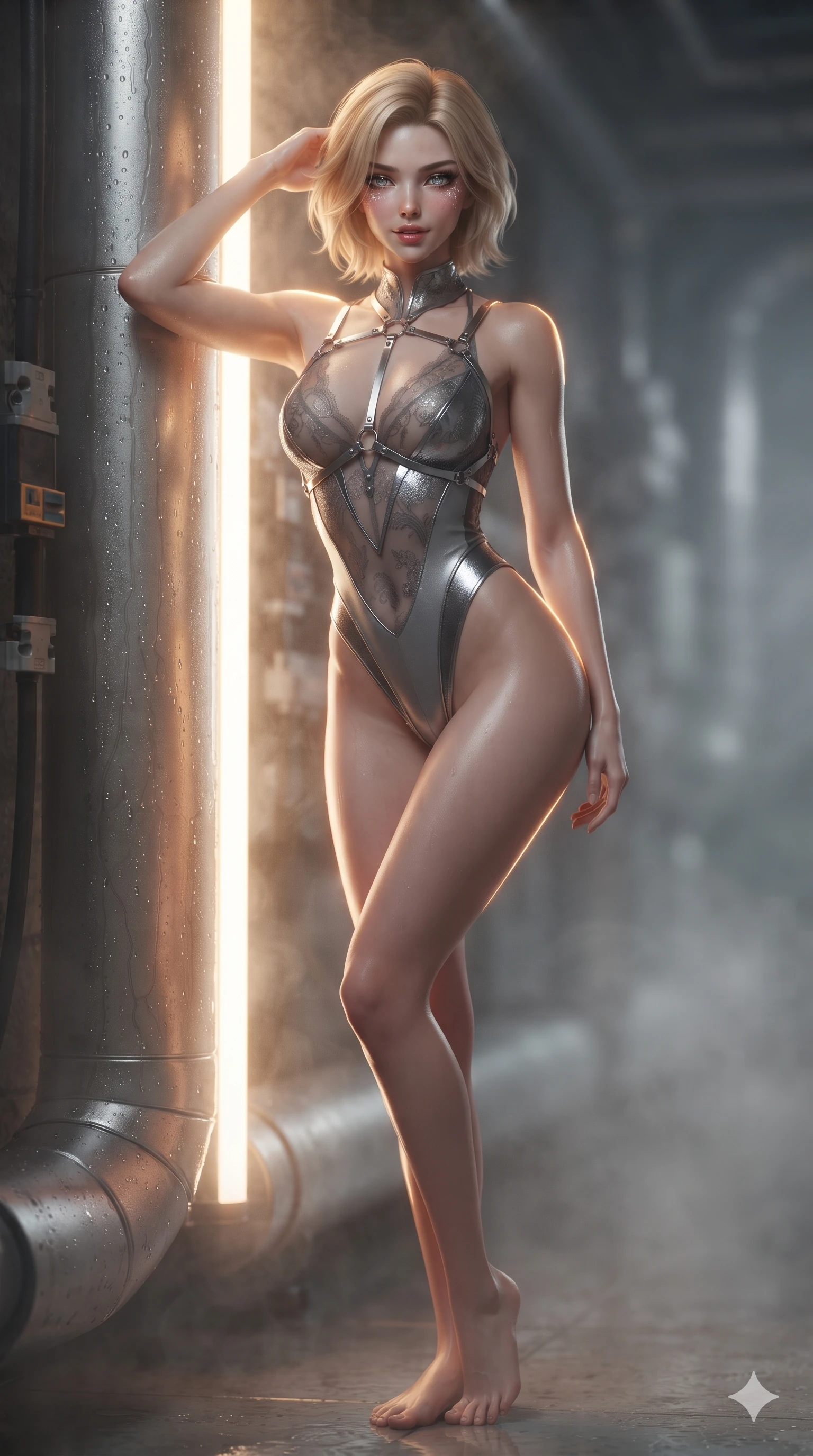 score_9, masterpiece, best quality, ultra-detailed, high-budget anime keyframe, editorial fashion photography, tasteful artistic composition, Caucasian woman. close-up cowboy shot from the waist and thighs up, the character dominates the composition, filling the frame with her large presence. leaning back against the glowing maintenance bulkhead with relaxed seductive grace, her flat midriff and narrow waist highlighted as laser ambient light traces her curves while leaning against a heavy insulated conduit casing with hips cocked back, casting an intoxicating bedroom-gaze through condensation droplets. The background shows a soft-focus industrial mist softened in subterranean thermal exchange facility shallow focus. She has an exceptionally elegant, slender, and willowy female figure with an ultra-slim waist, flat toned midriff, narrow ribcage, and sculpted feminine hips creating an alluring, slim hourglass silhouette without bulk. sharp v-shaped jawline, high-bridge nose, intricate jewel-like sparkling eyes with depth, thick eyelashes, glossy parted lips with a natural sheen, bright confident smile with an enchanting and coquettish sensual glint, exuding both youthful magnetic charm and sovereign high-tech allure, flawlessly proportioned anatomical accuracy, strict slender model proportions, natural body alignment, perfectly sculpted long slender limbs, ultra-slim waistline, clean dynamic posture without body distortion. wearing a provocative sheer-illusion nanotech lace bodysuit with strategic metallic foil flocking and high-cut leg openings in reflective liquid mercury and matte phantom grey, woven from buttery-soft stretch lambskin leather adhering to her body like a second skin, accented with a chrome-drop body harness subtly framing her dewy collarbones and spine, the high-slit tactical tailoring accentuating her ultra-slim waistline and the enchanting curve of her feminine hips with alluring seductive charm. illuminated by floor puddle reflections and sharp amber-white rim lights carving her sculpted collarbones, ultra-slim waist, and curvy hips. ultra-reflective glossy finish, specular highlights, rich textural contrasts, high-contrast stereoscopic depth, volumetric dynamic lighting, 2k, ultra detail, master piece, 9:16 ratio