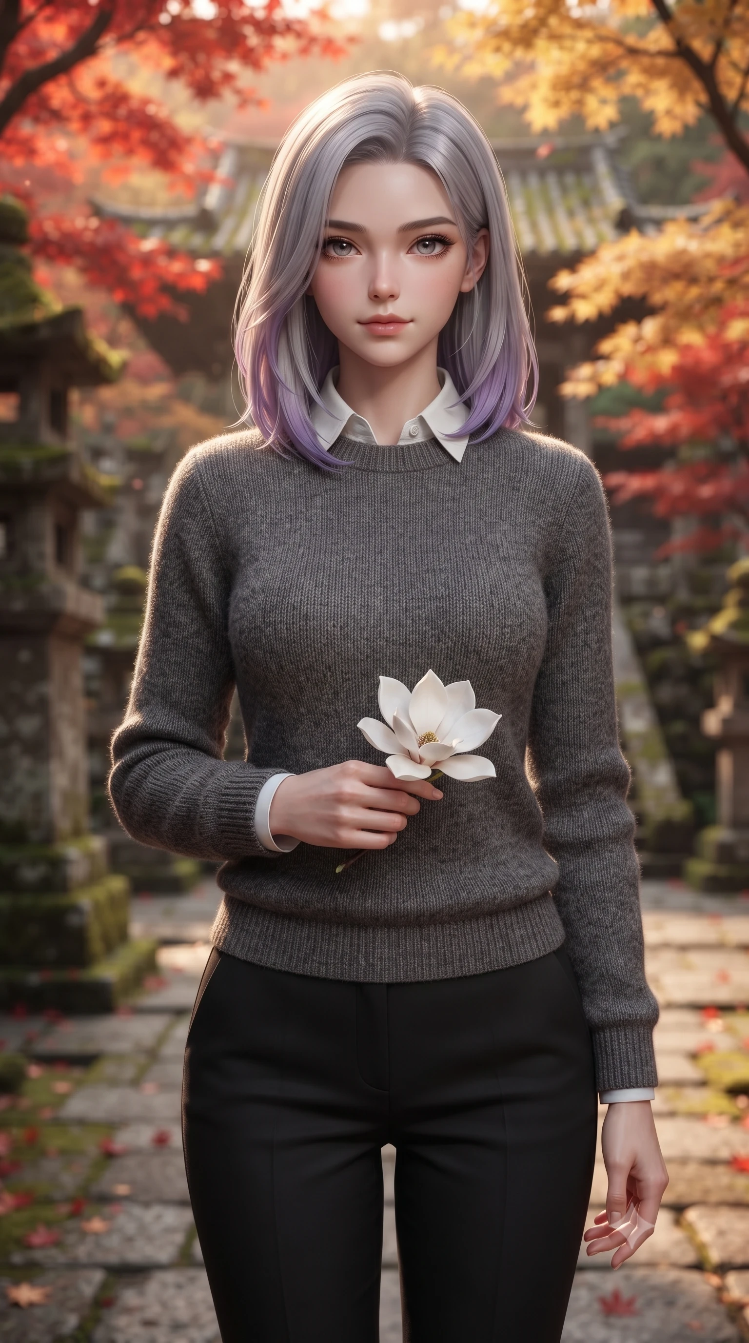 score_9, masterpiece, best quality, ultra-detailed, high-budget anime keyframe, editorial fashion photography, tasteful artistic composition, Caucasian woman woman. close-up cowboy shot from the waist and thighs up, the character dominates the composition, filling the frame with her large presence, background elements kept in soft focus. gazing directly at the viewer with a calm and welcoming expression, holding a fresh flower the background shows a soft-focus a stone courtyard of an old temple filled with red and golden maple trees. She has an exceptionally elegant, slender, and willowy female figure with an ultra-slim waist, a gracefully sculpted slender torso, and a refined silhouette. sharp v-shaped jawline, high-bridge nose, intricate jewel-like eyes with depth, thick eyelashes, glossy lips with a natural sheen. wearing a tailored cozy charcoal grey knit sweater over a white collared shirt and black slacks. warm orange and red hues of the afternoon sun reflecting off the foliage. ultra-reflective glossy finish, specular highlights, metallic sheen, high-contrast stereoscopic depth, volumetric dynamic lighting, 2k, ultra detail, master piece, 9:16 ratio