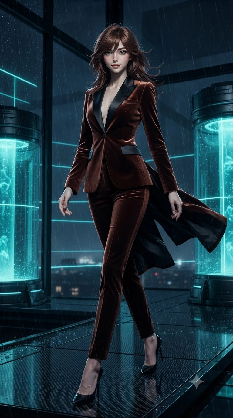 score_9, masterpiece, best quality, ultra-detailed, high-budget anime keyframe, editorial fashion photography, tasteful artistic composition, Korean woman. low angle full-body shot from head to toe showing her feet, filling the entire 9:16 vertical frame with her statuesque presence, stretching her vertical silhouette. striding across the rain-swept glass terrace, nocturnal breezes whipping her garments open to accentuate her long slender legs and curvy hips while poised on a dark carbon-fiber platform while laser calibration grids scan the room, glowing cyan stasis fluid casting ethereal inner glow through dark glass. The surrounding environment is rendered in vivid detail and crisp panoramic clarity: sharp carbon-fiber platform weave, laser grid beam lines, and moisture condensation on stasis chamber glass in deep focus. She has an absolutely perfect, statuesque 8.5-heads proportion, an exceptionally tall and slender model-like female figure with impossibly long slender legs, an ultra-slim waist, a flat toned midriff, narrow delicate ribcage, and beautifully sculpted feminine hips creating a graceful, slim hourglass silhouette without any bulky heaviness. sharp v-shaped jawline, high-bridge nose, intricate jewel-like dark sparkling eyes with hypnotic seductive depth, thick curled eyelashes, glossy parted lips with a natural wine sheen, alluring bedroom-eyes with an enigmatic smoldering smile, exuding magnetic sovereign charisma and dark avant-garde glamour, flawlessly proportioned anatomical accuracy, strict slender model proportions, natural body alignment, perfectly sculpted long slender limbs, ultra-slim waistline, clean dynamic posture without body distortion. wearing a refined dark velvet pantsuit with satin lapels and tailored cigarette trousers in dark burnt copper and matte black, tailored from crushed dark velvet with deep light-absorbing plush texture, adorned with minimalist black onyx hardware framing the silhouette, the bespoke structured tailoring following the natural line of her 8.5-heads silhouette with refined elegance. surrounded by a cool cybernetic aura with intense edge lighting and glowing cyan stasis backlights. ultra-reflective glossy finish, specular highlights, metallic sheen, high-contrast stereoscopic depth, volumetric dynamic lighting, 2k, ultra detail, master piece, 9:16 ratio